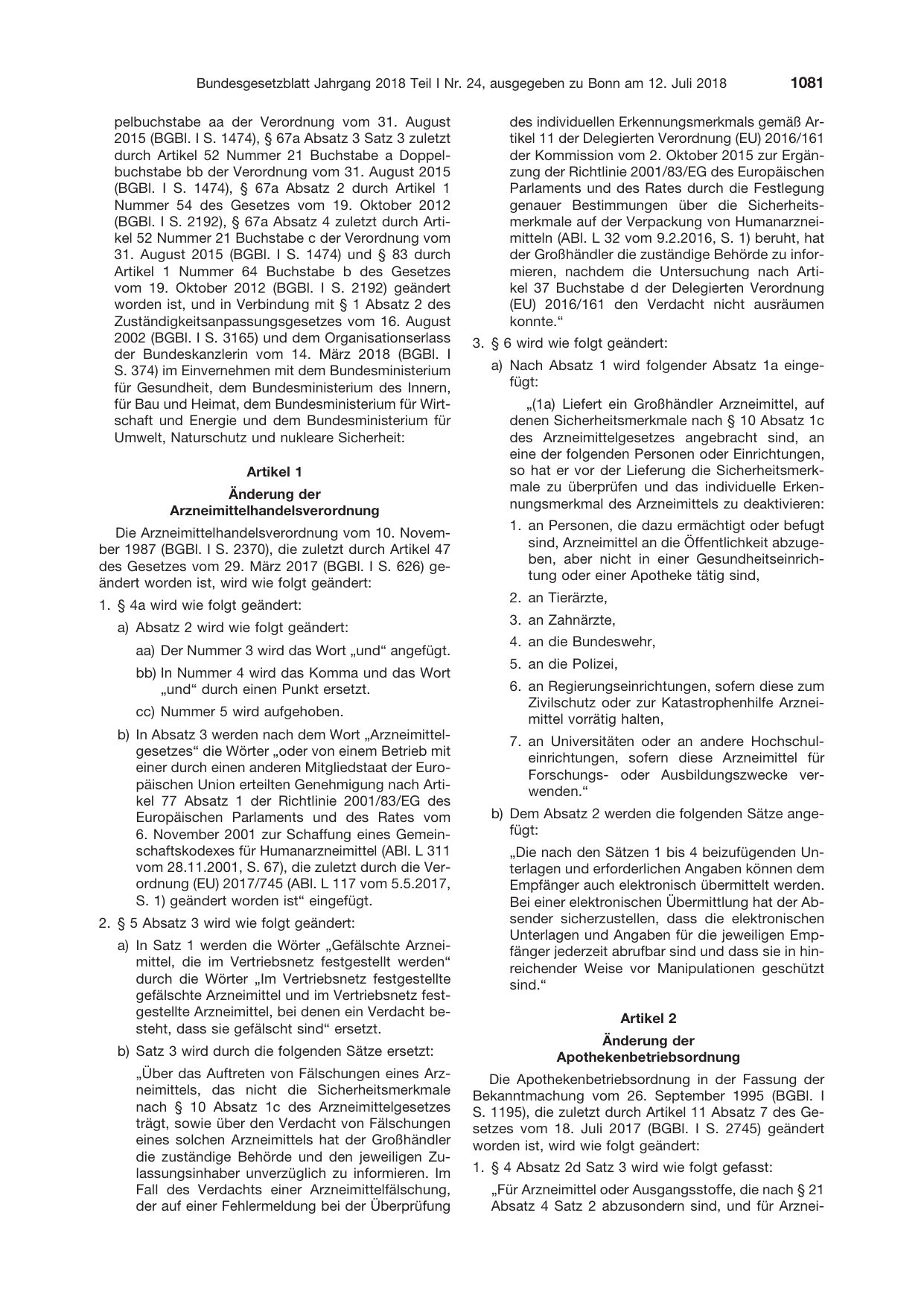 BGBl. 2018, Seite 1081 — Originalseite als Abbildung