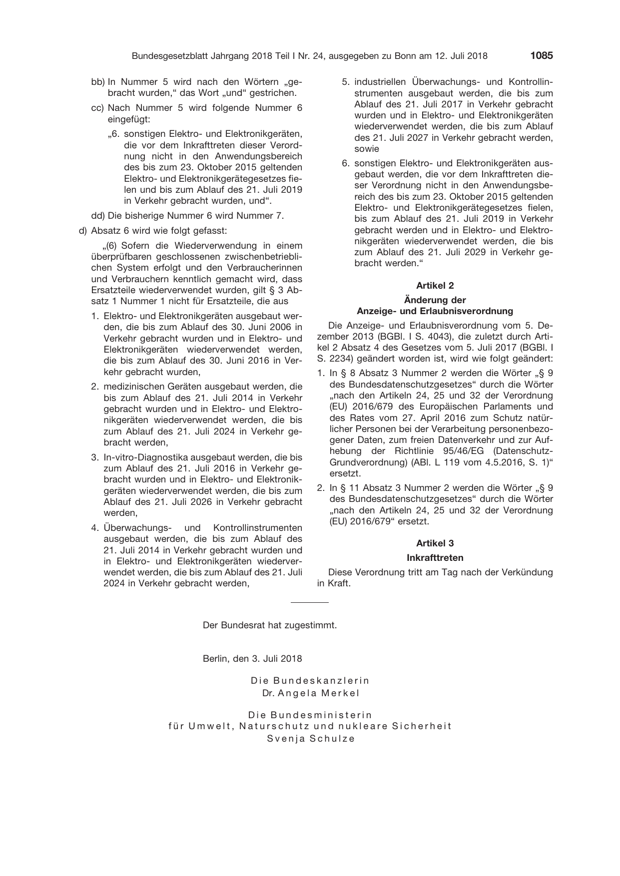 BGBl. 2018, Seite 1085 — Originalseite als Abbildung