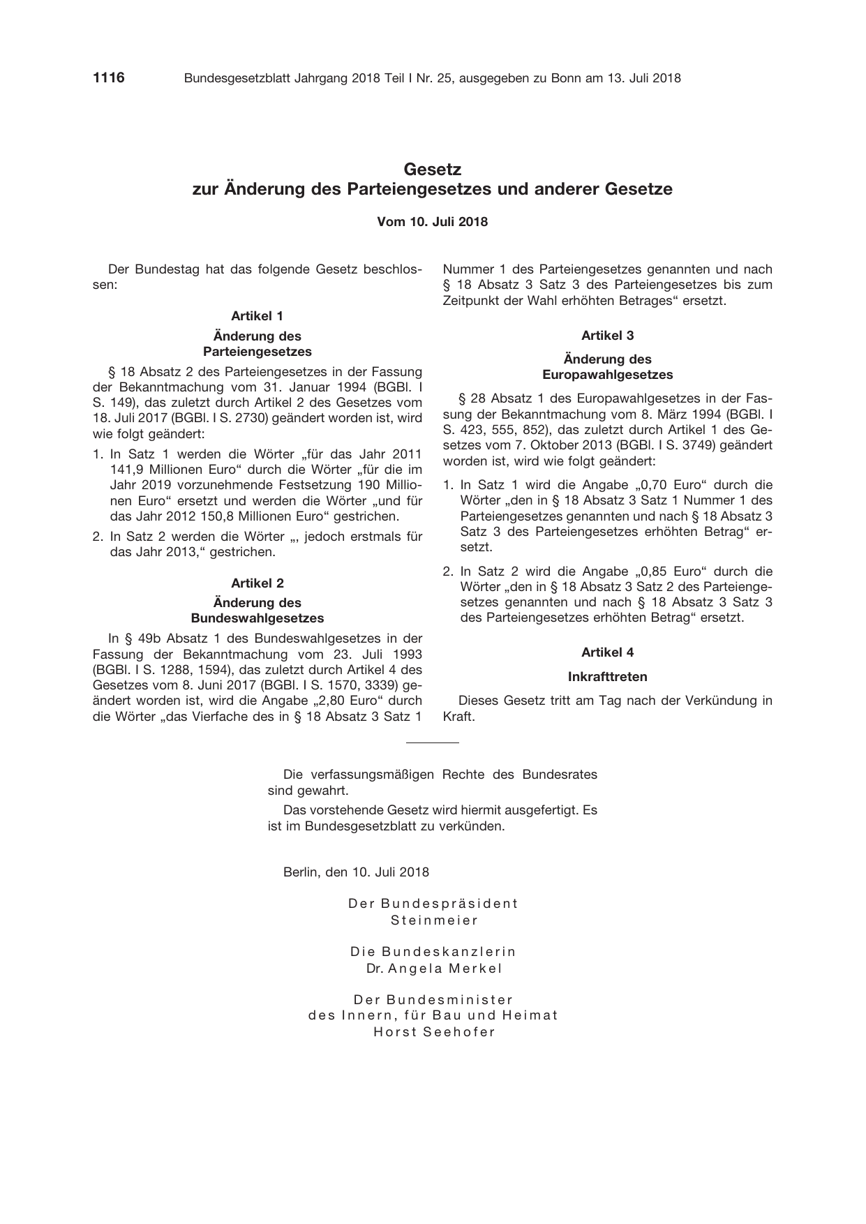 BGBl. 2018, Seite 1116 — Originalseite als Abbildung