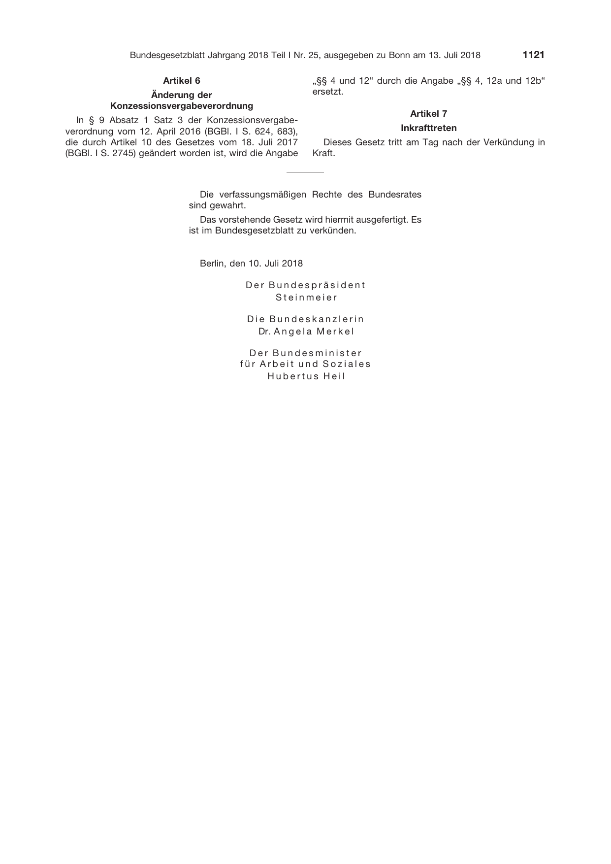 BGBl. 2018, Seite 1121 — Originalseite als Abbildung
