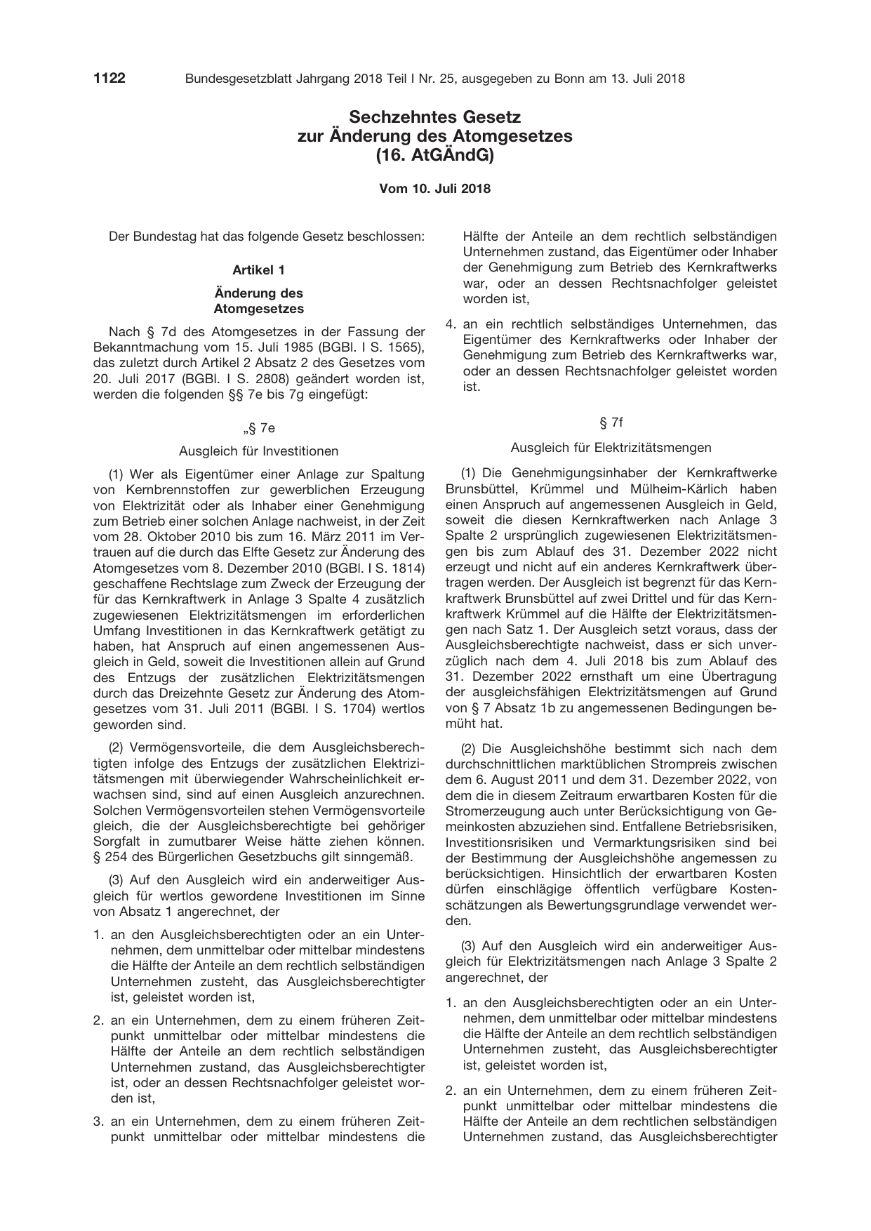 BGBl. 2018, Seite 1122 — Originalseite als Abbildung