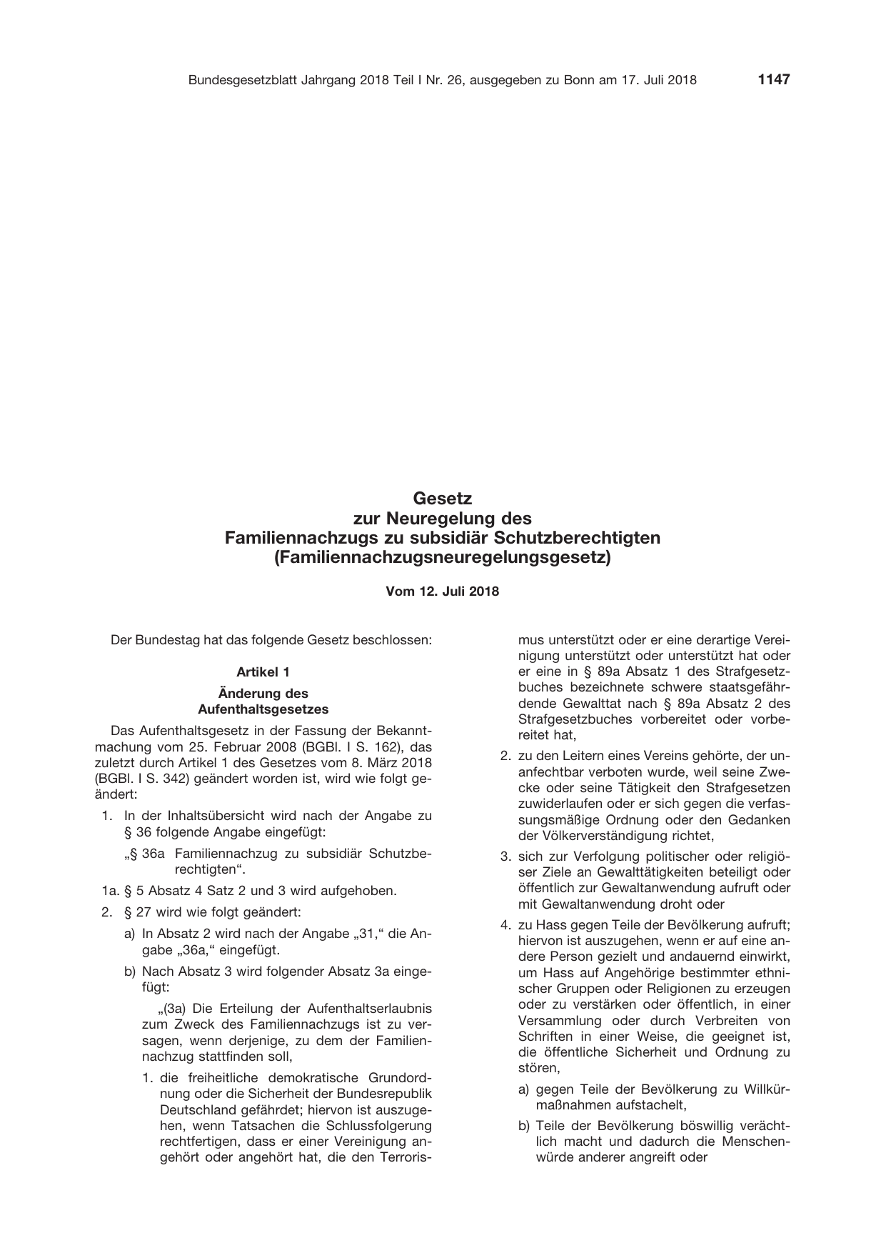 BGBl. 2018, Seite 1147 — Originalseite als Abbildung