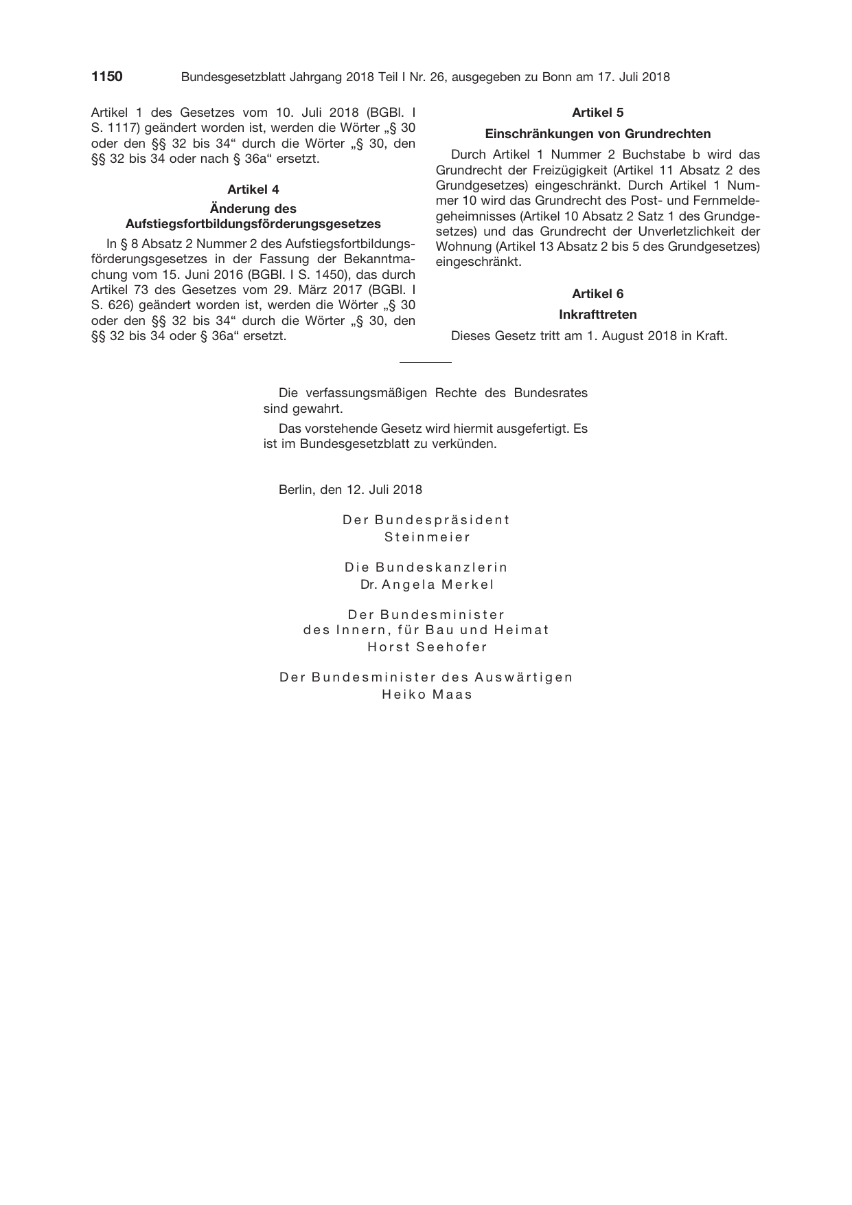 BGBl. 2018, Seite 1150 — Originalseite als Abbildung
