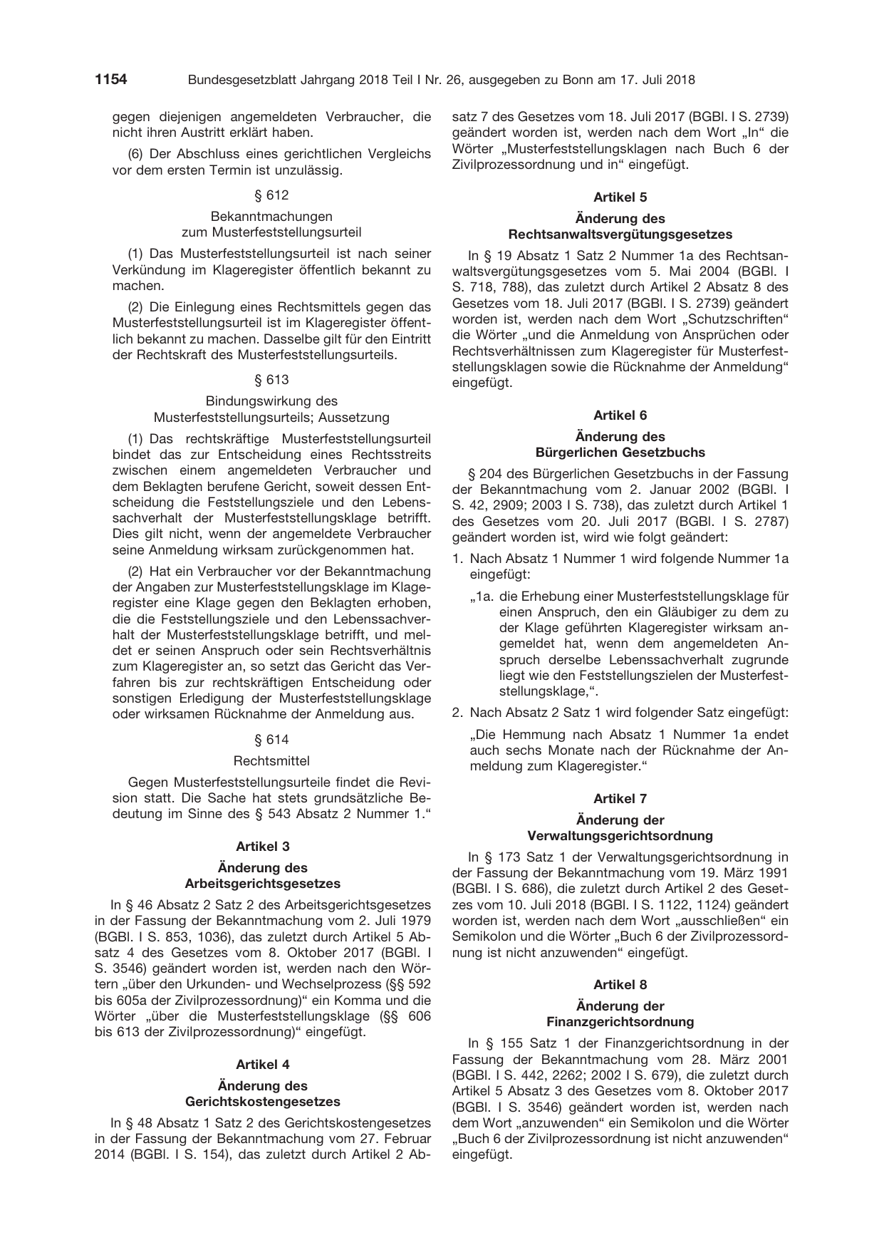 BGBl. 2018, Seite 1154 — Originalseite als Abbildung