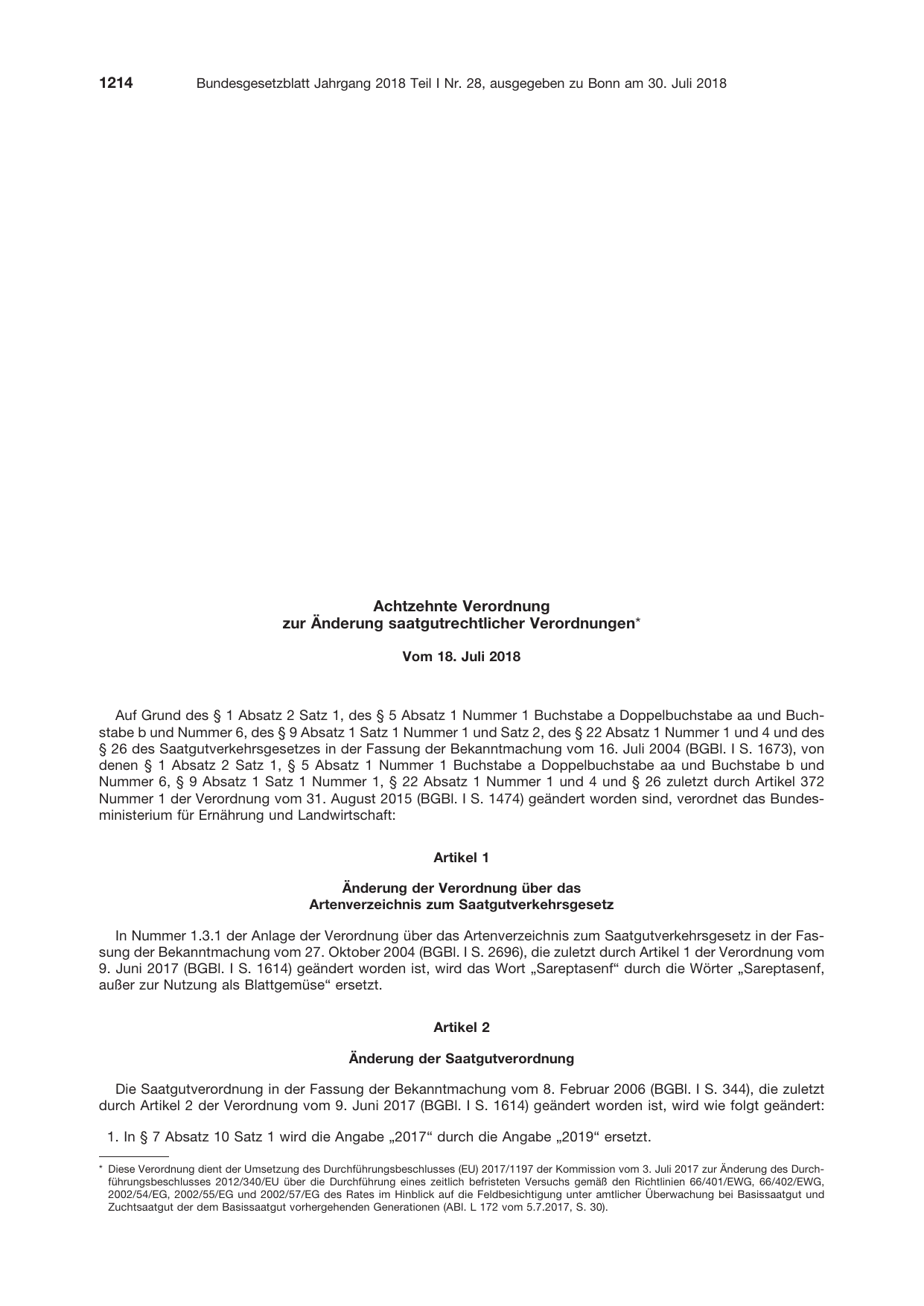 BGBl. 2018, Seite 1214 — Originalseite als Abbildung