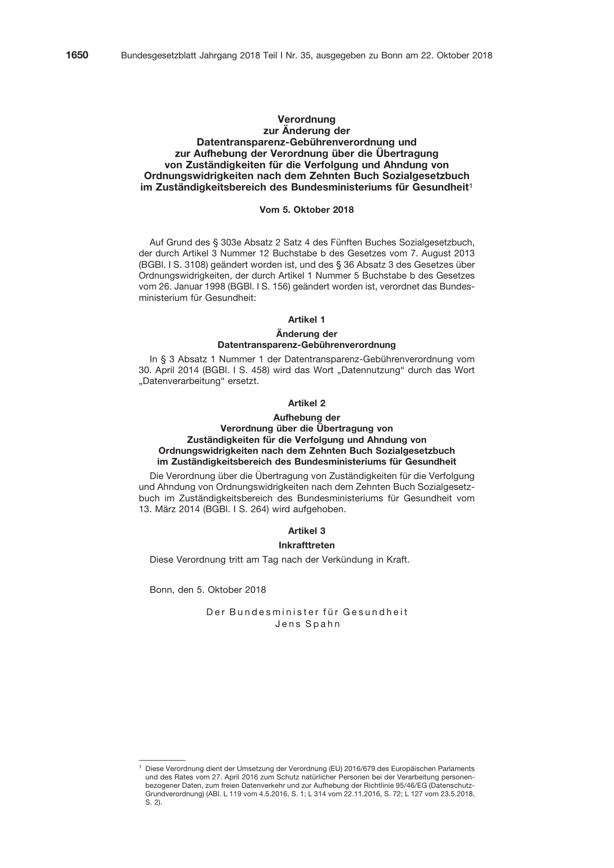 BGBl. 2018, Seite 1650 — Originalseite als Abbildung