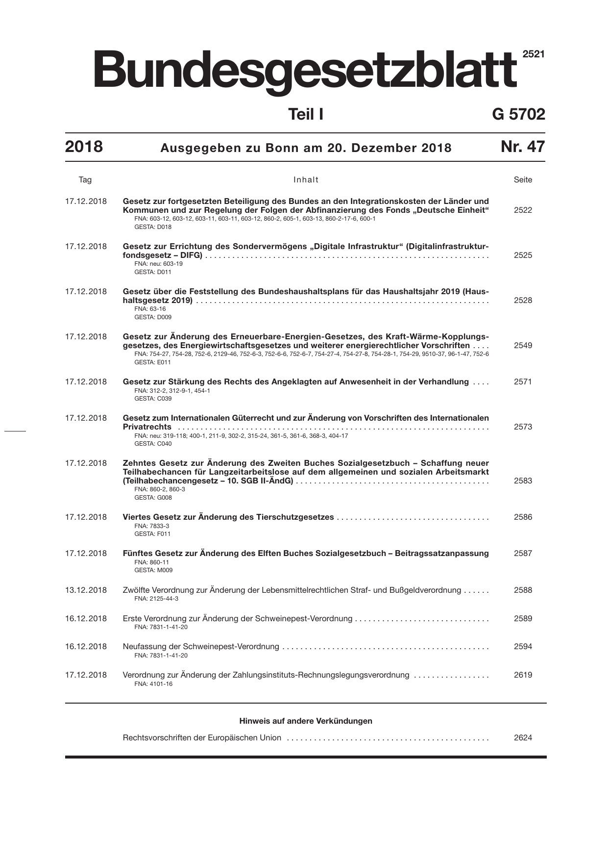 BGBl. 2018, Seite 1 — Originalseite als Abbildung