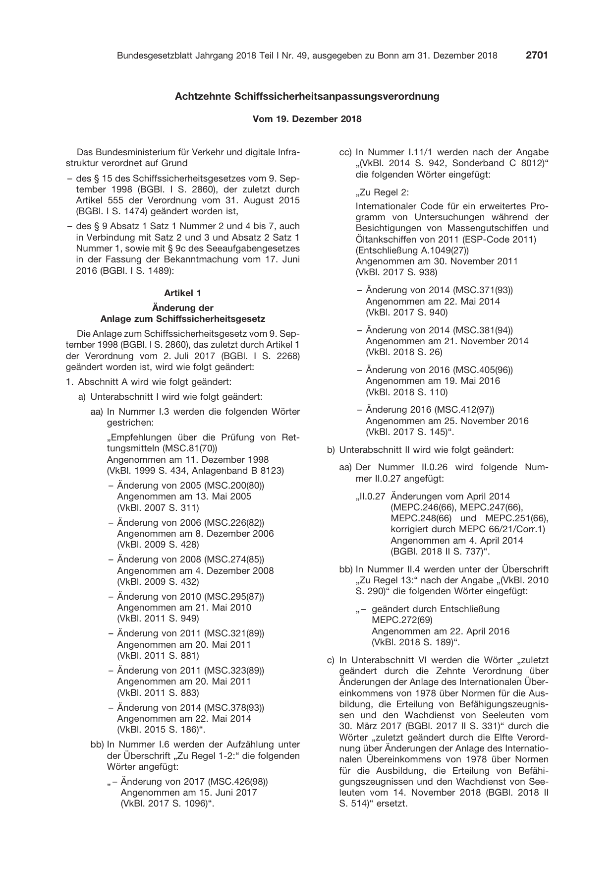 BGBl. 2018, Seite 2701 — Originalseite als Abbildung