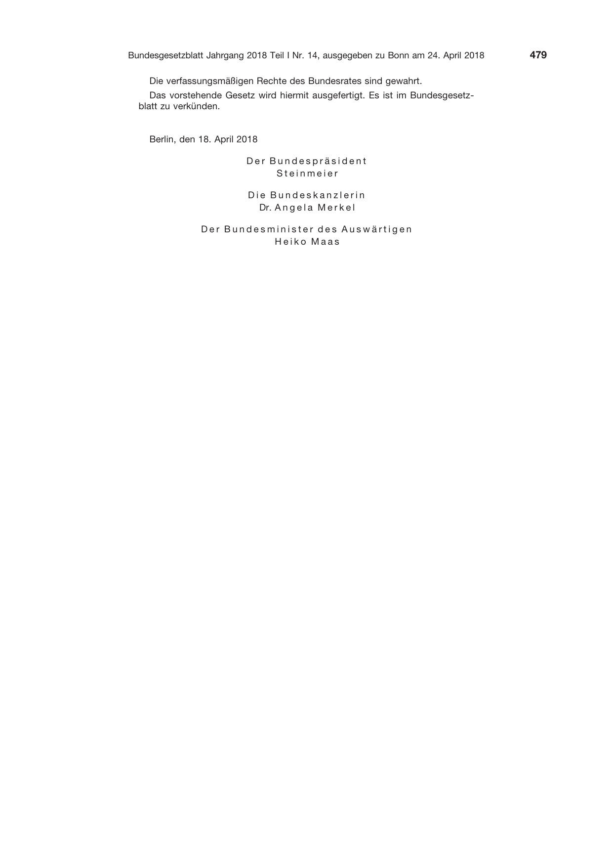 BGBl. 2018, Seite 479 — Originalseite als Abbildung