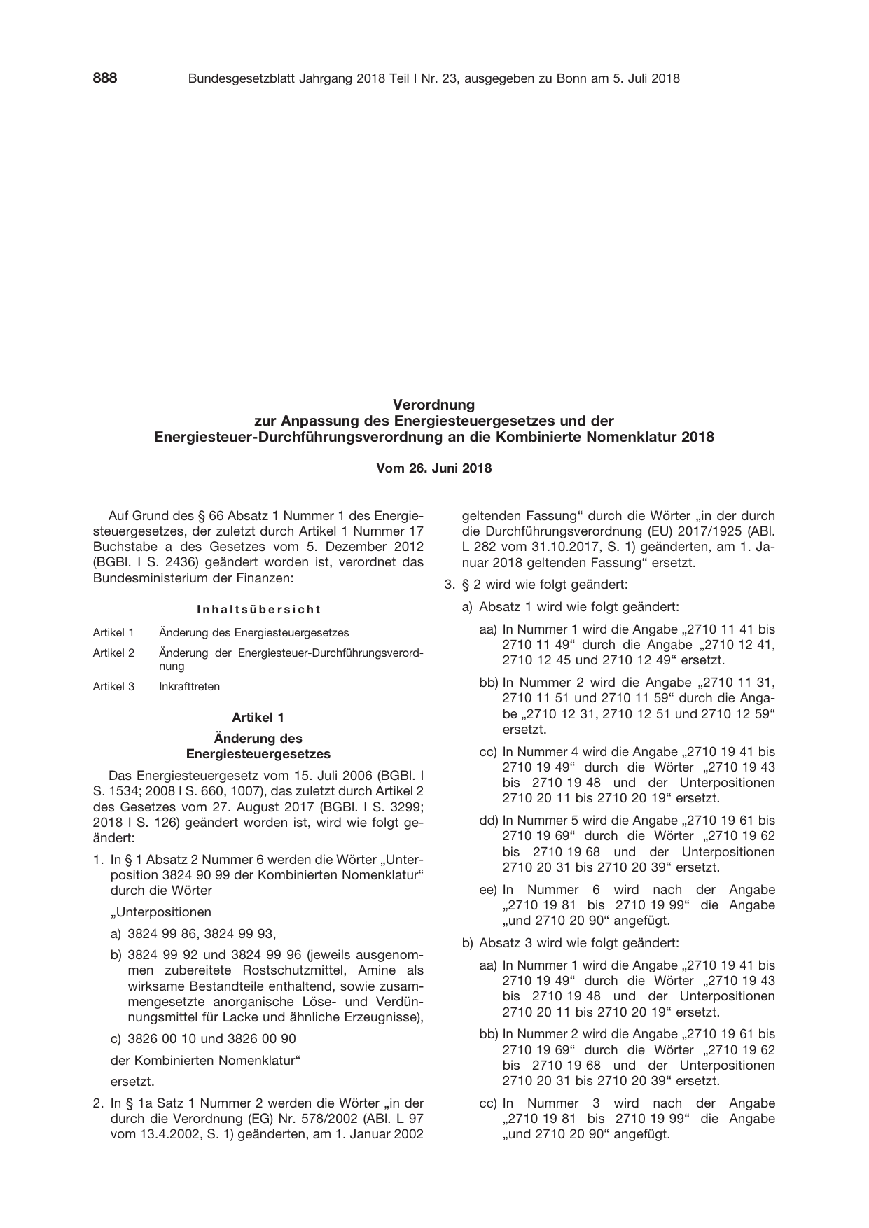 BGBl. 2018, Seite 888 — Originalseite als Abbildung