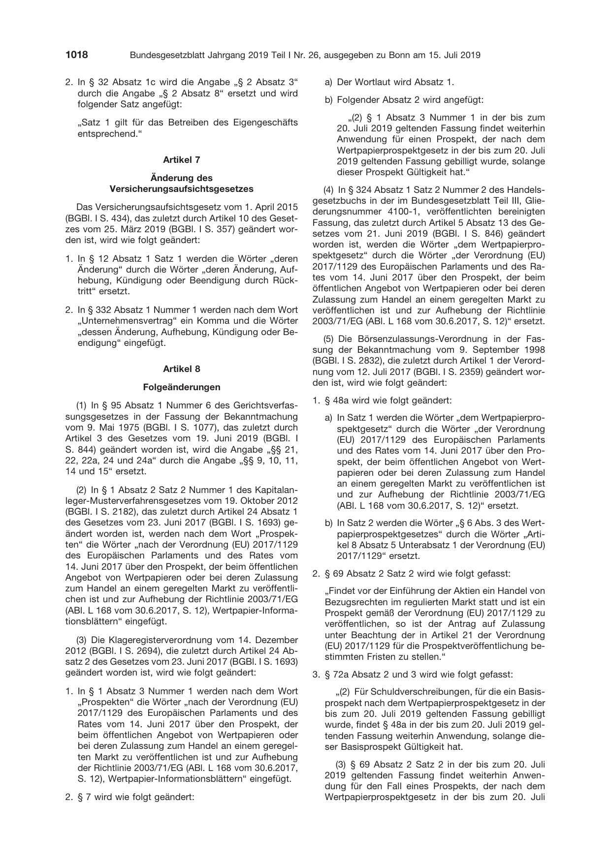 BGBl. 2019, Seite 1018 — Originalseite als Abbildung