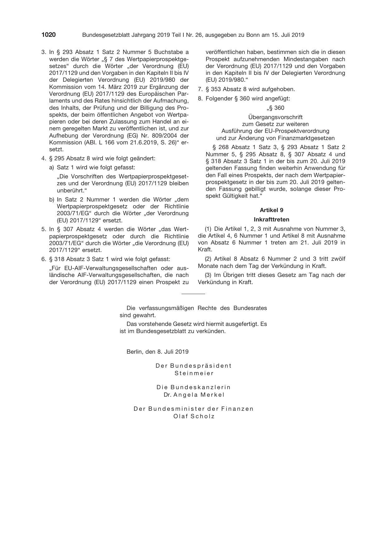 BGBl. 2019, Seite 1020 — Originalseite als Abbildung