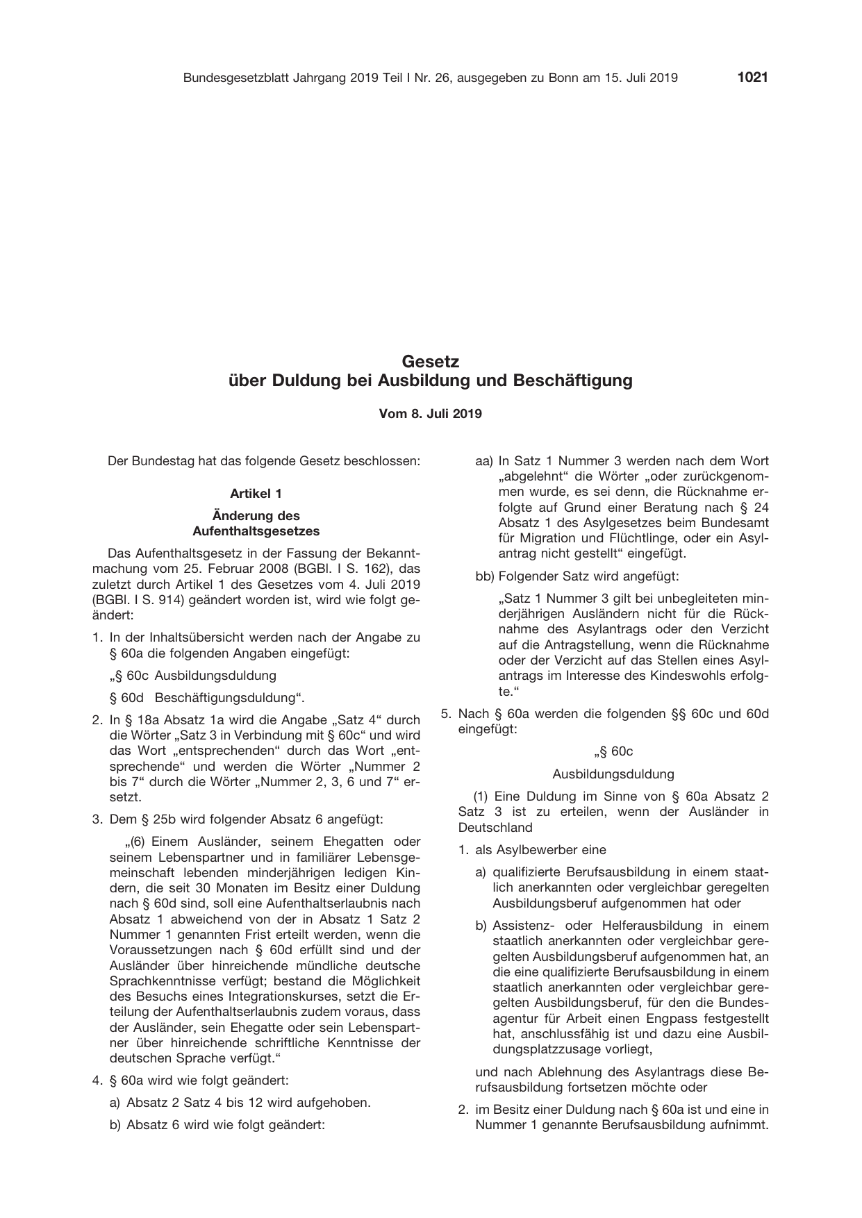 BGBl. 2019, Seite 1021 — Originalseite als Abbildung
