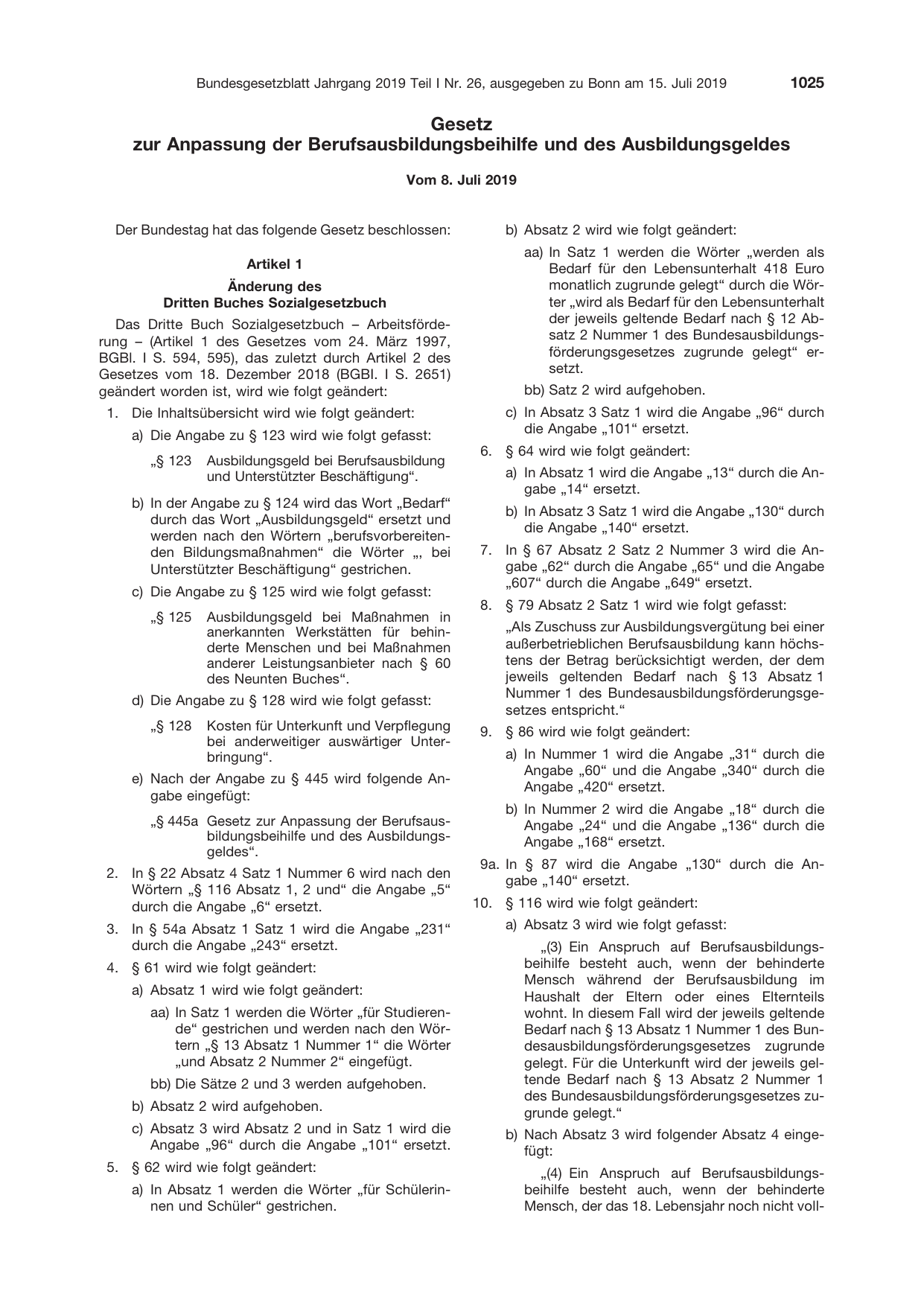 BGBl. 2019, Seite 1025 — Originalseite als Abbildung