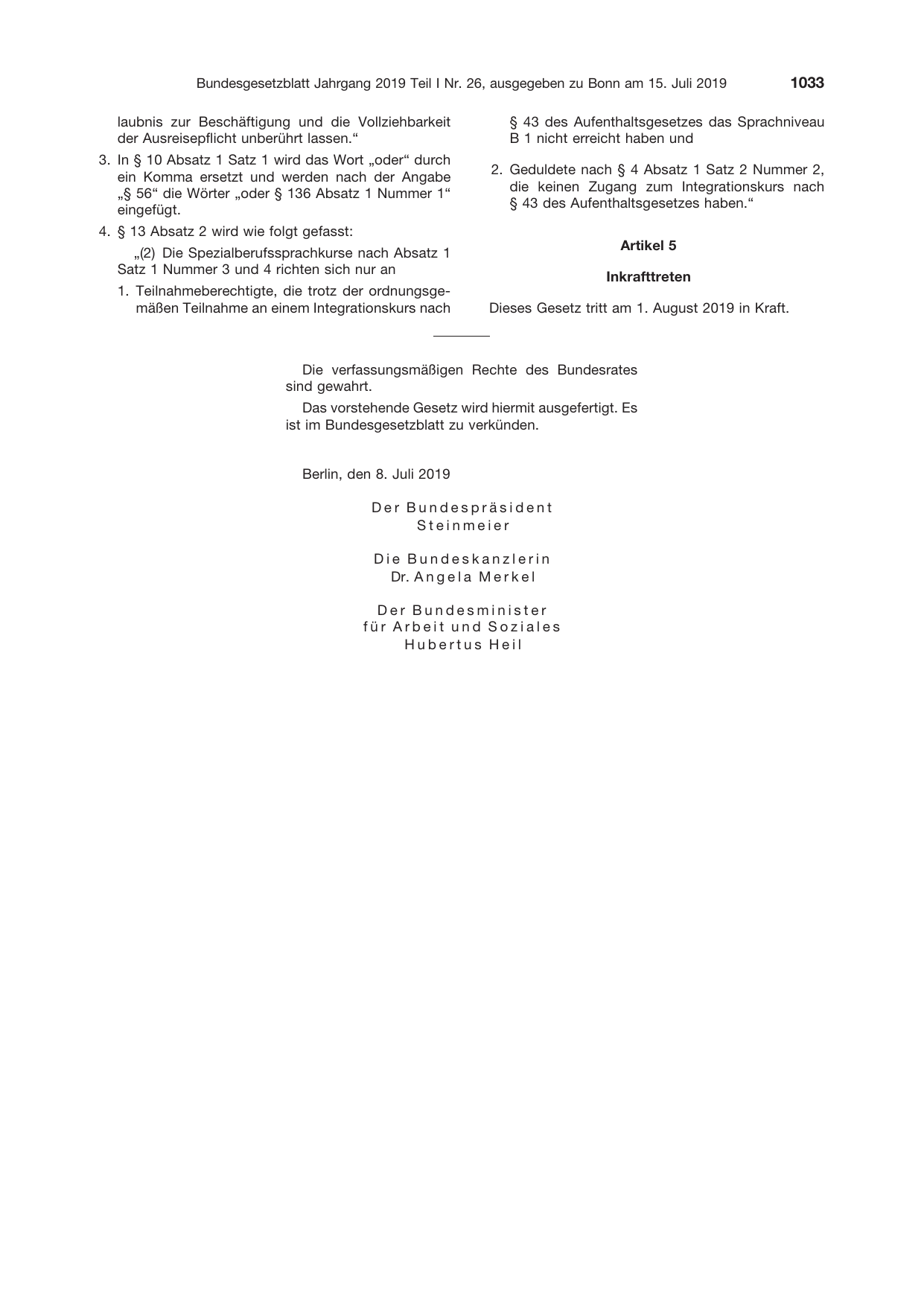 BGBl. 2019, Seite 1033 — Originalseite als Abbildung