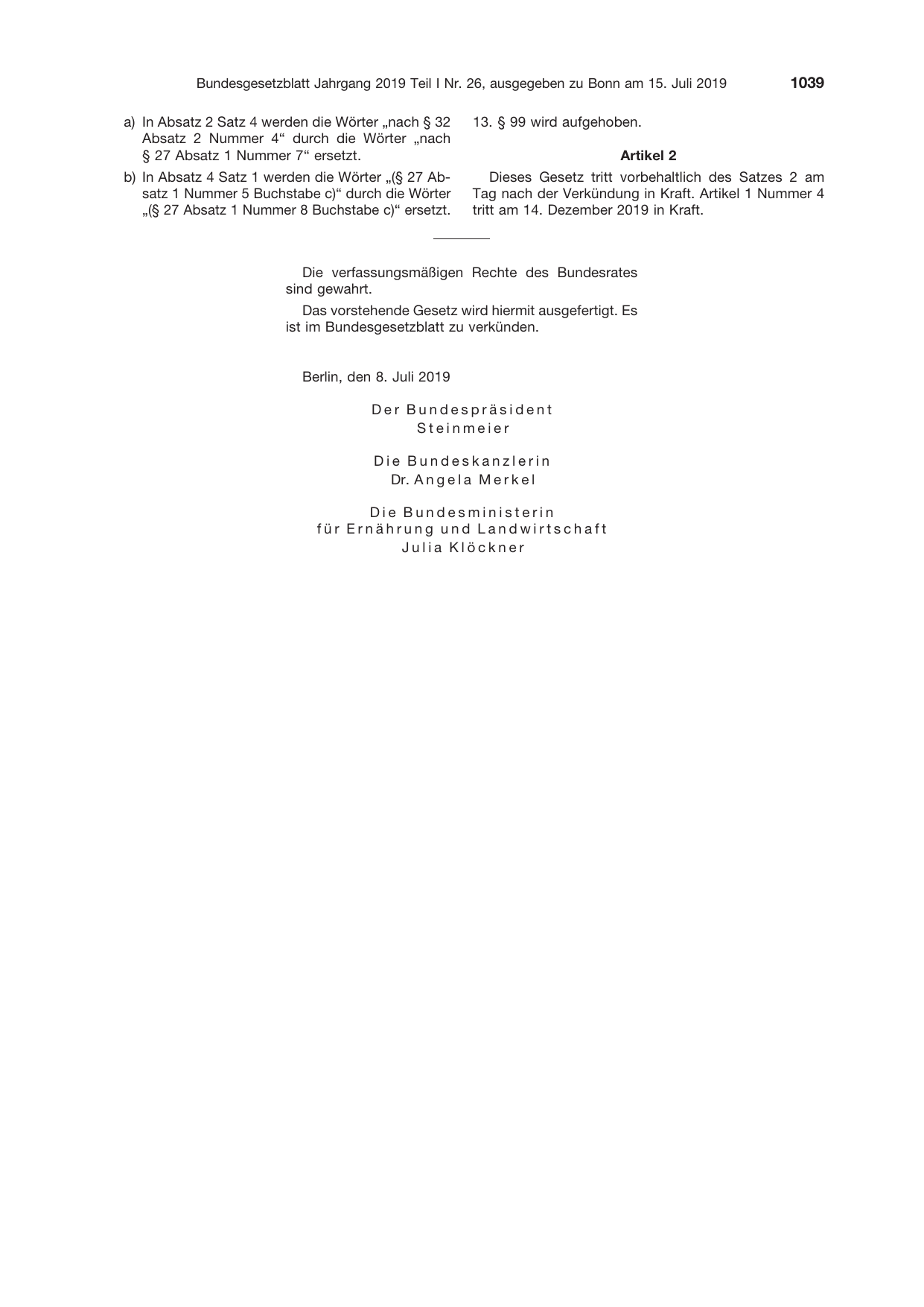 BGBl. 2019, Seite 1039 — Originalseite als Abbildung