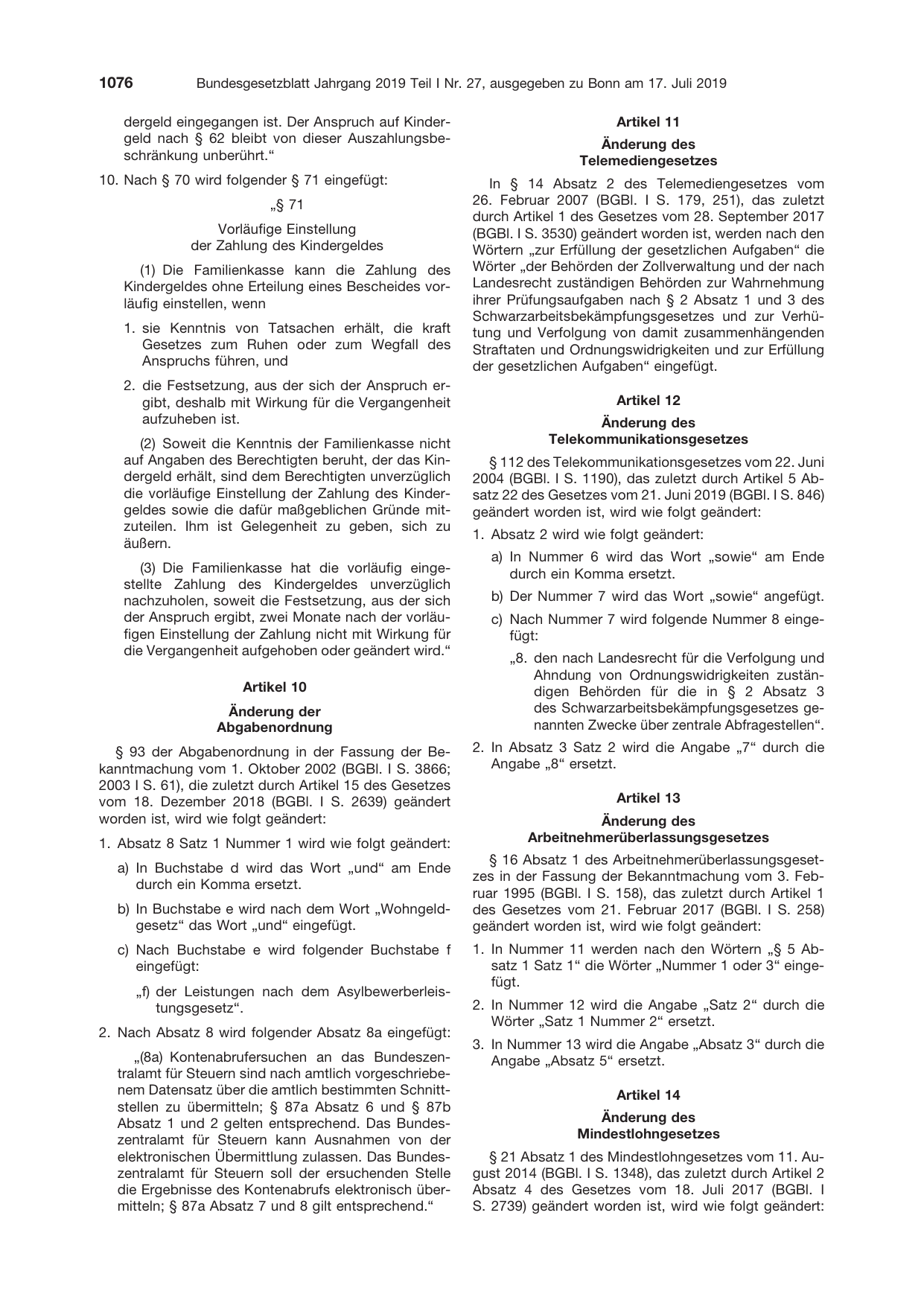 BGBl. 2019, Seite 1076 — Originalseite als Abbildung