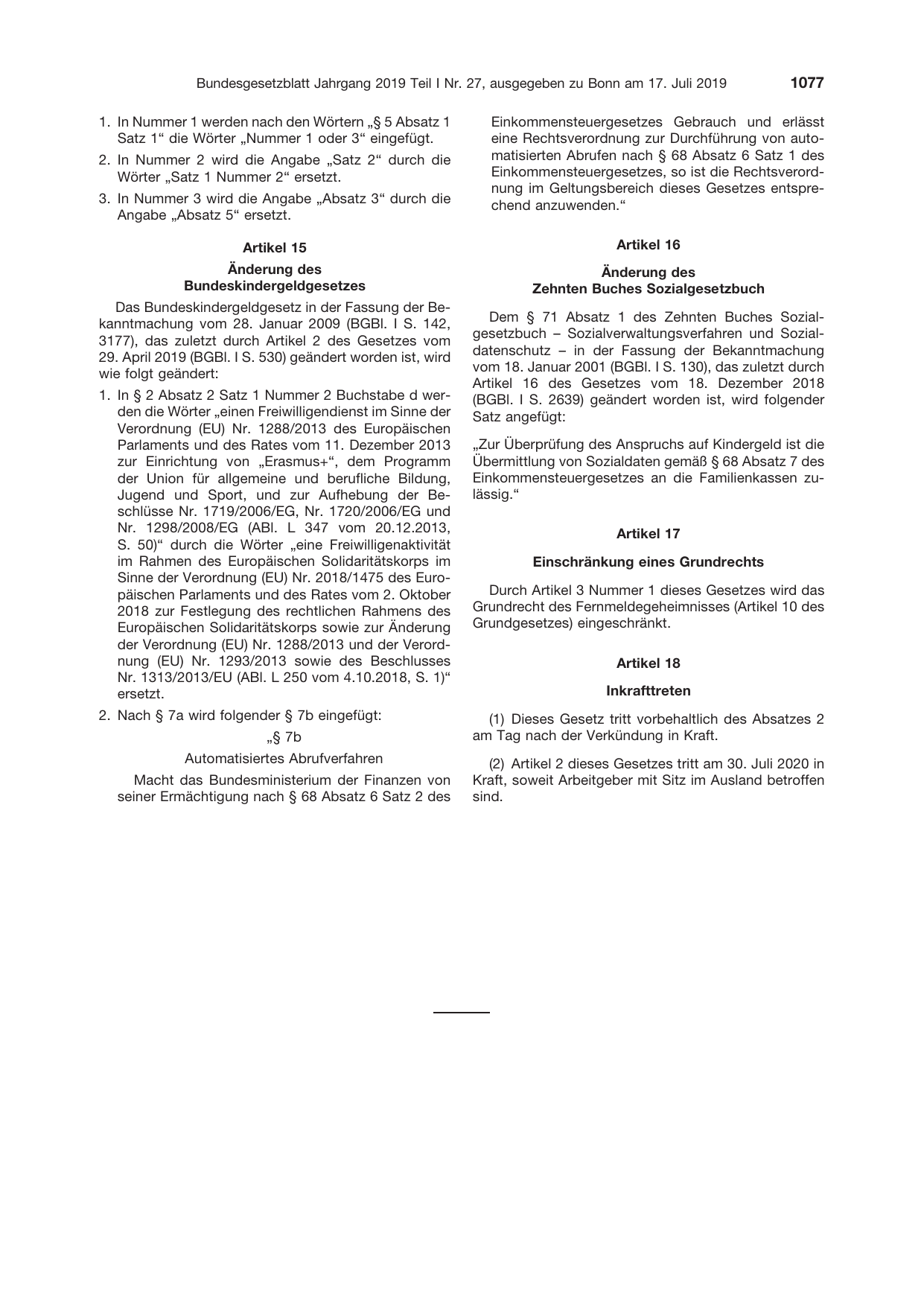 BGBl. 2019, Seite 1077 — Originalseite als Abbildung