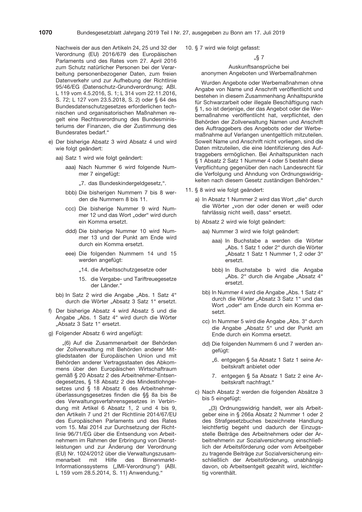 BGBl. 2019, Seite 1070 — Originalseite als Abbildung