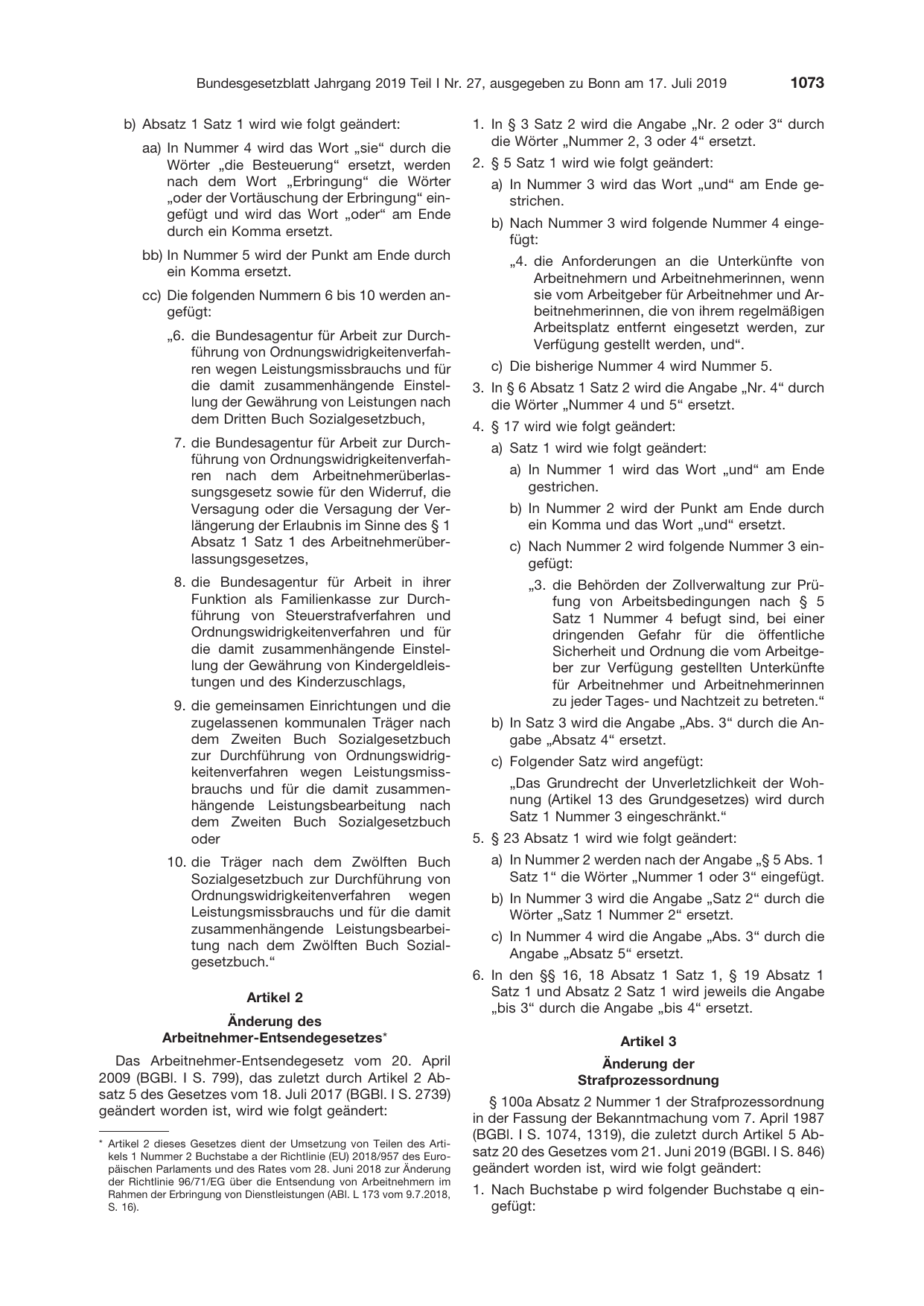 BGBl. 2019, Seite 1073 — Originalseite als Abbildung