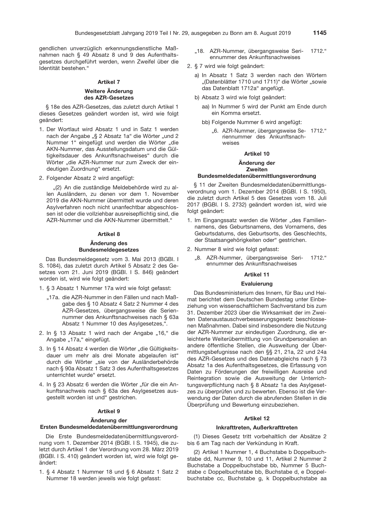 BGBl. 2019, Seite 1145 — Originalseite als Abbildung