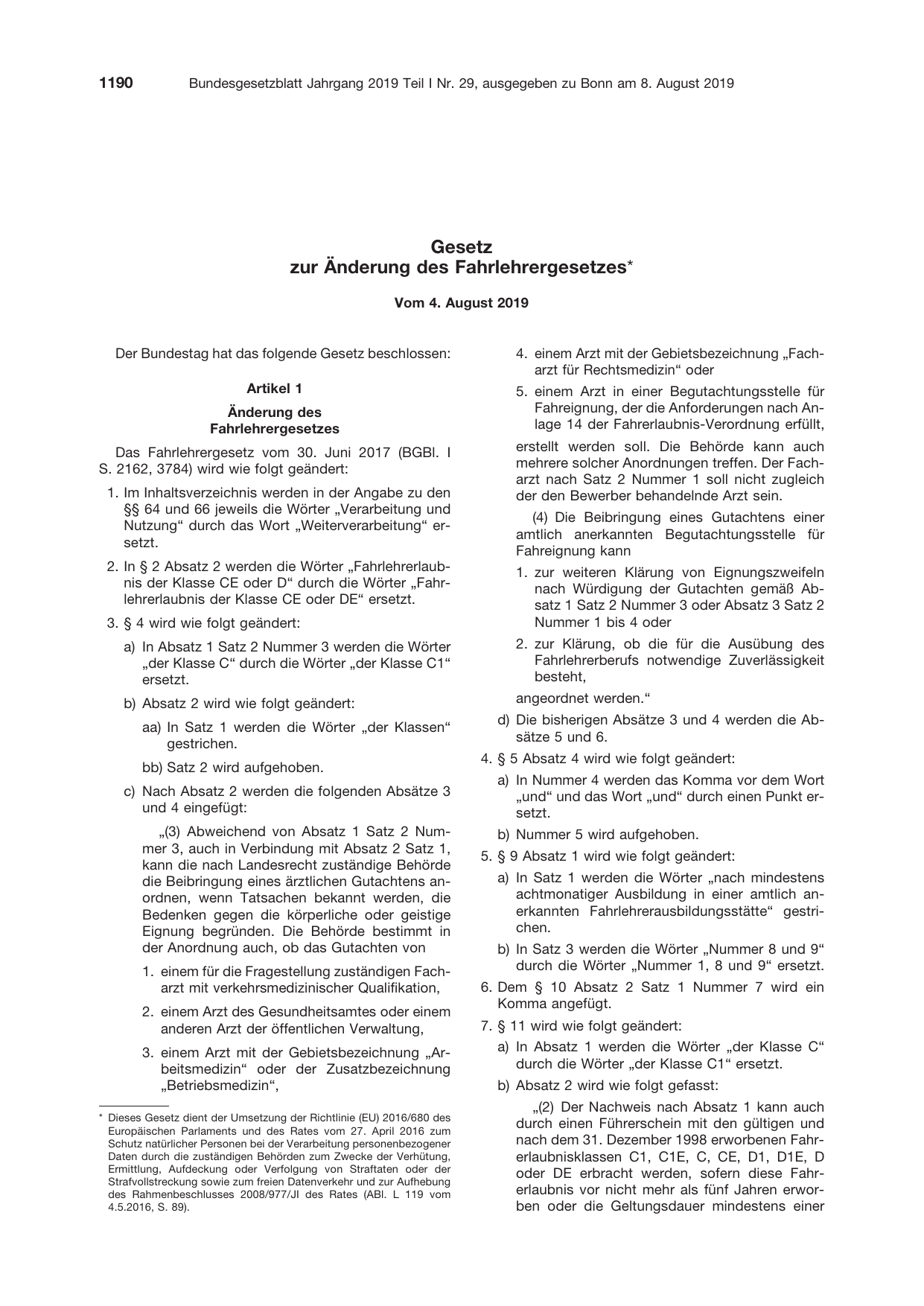 BGBl. 2019, Seite 1190 — Originalseite als Abbildung