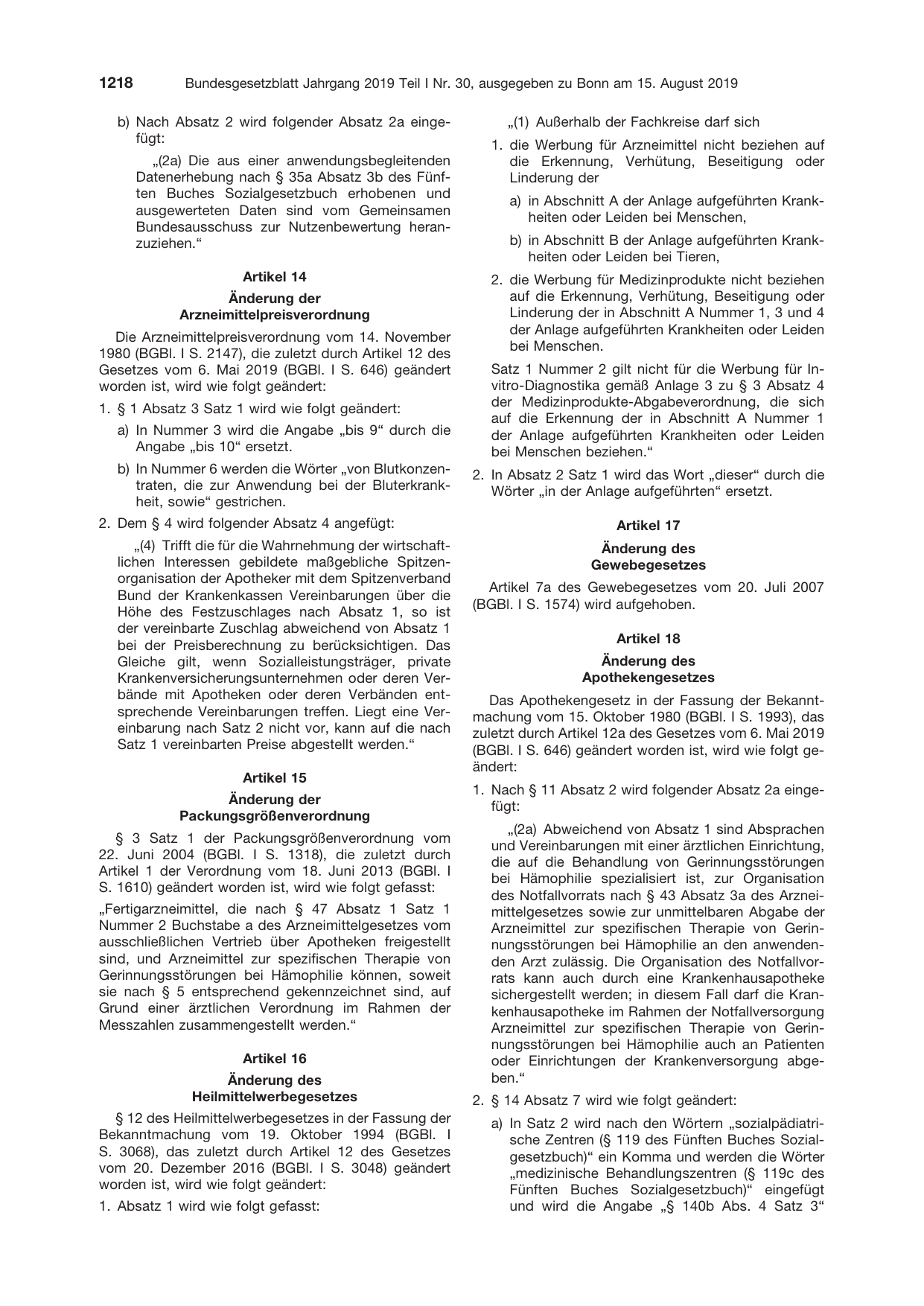 BGBl. 2019, Seite 1218 — Originalseite als Abbildung