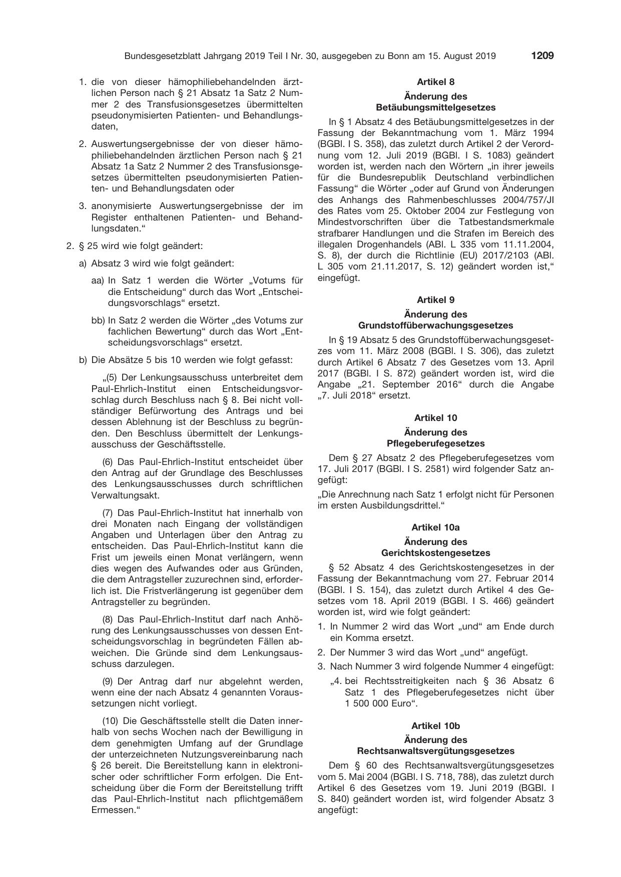 BGBl. 2019, Seite 1209 — Originalseite als Abbildung