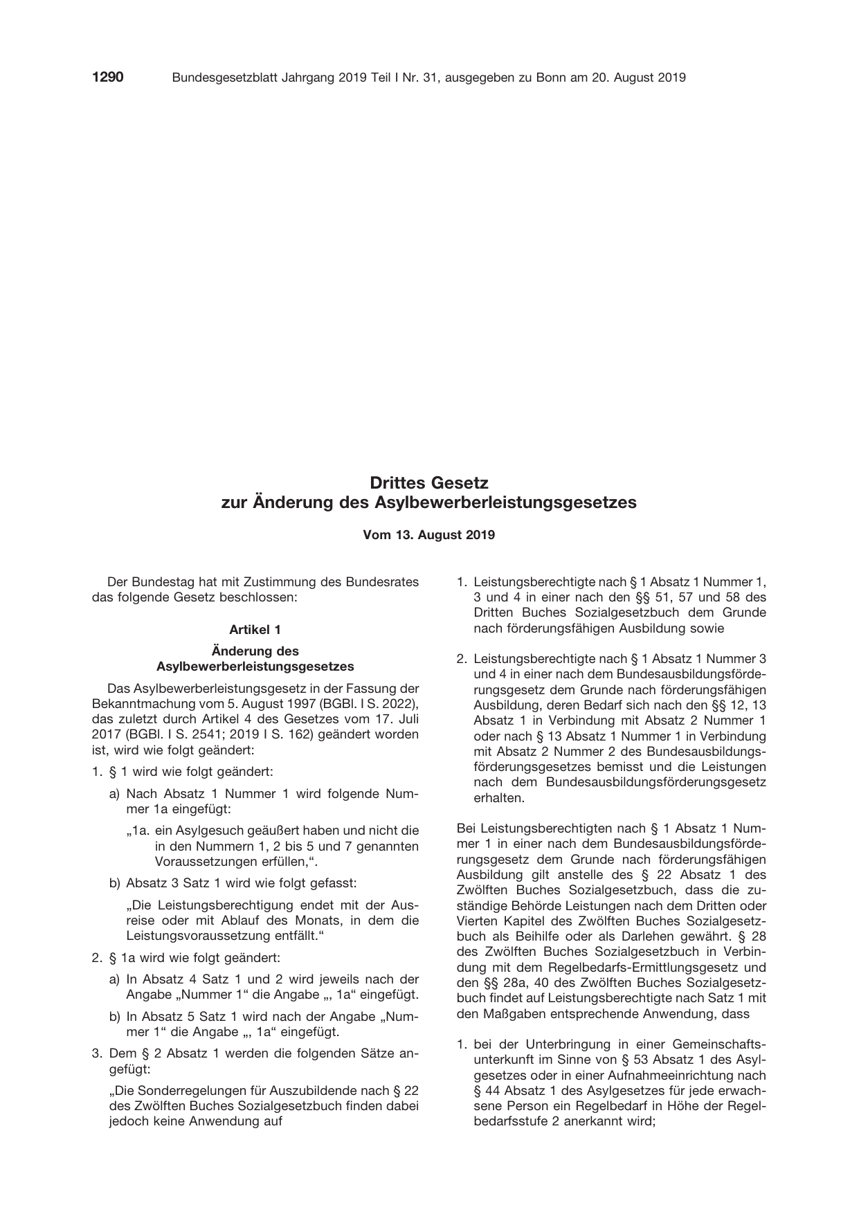 BGBl. 2019, Seite 1290 — Originalseite als Abbildung