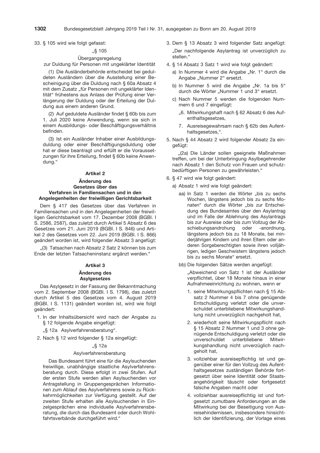BGBl. 2019, Seite 1302 — Originalseite als Abbildung
