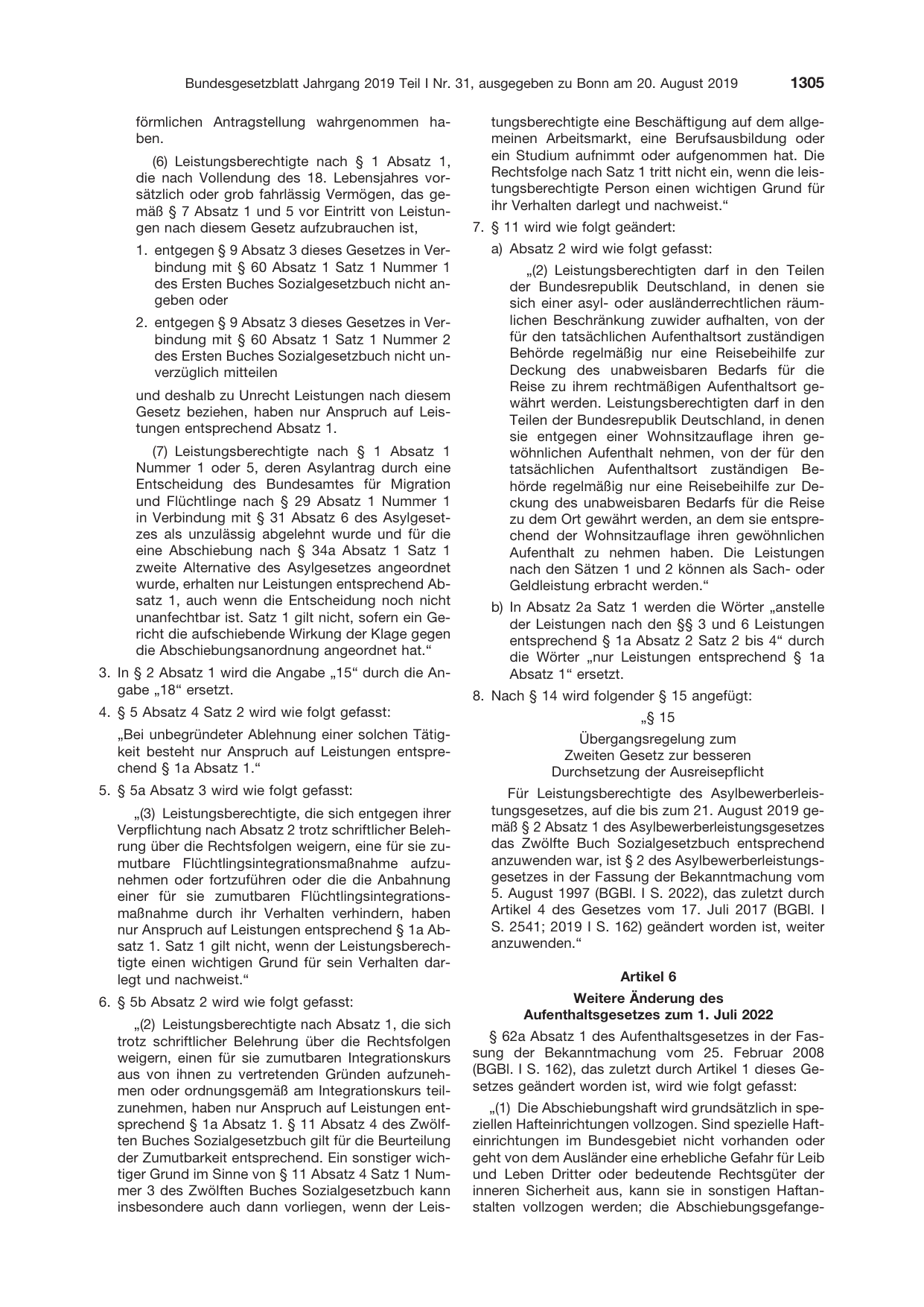 BGBl. 2019, Seite 1305 — Originalseite als Abbildung