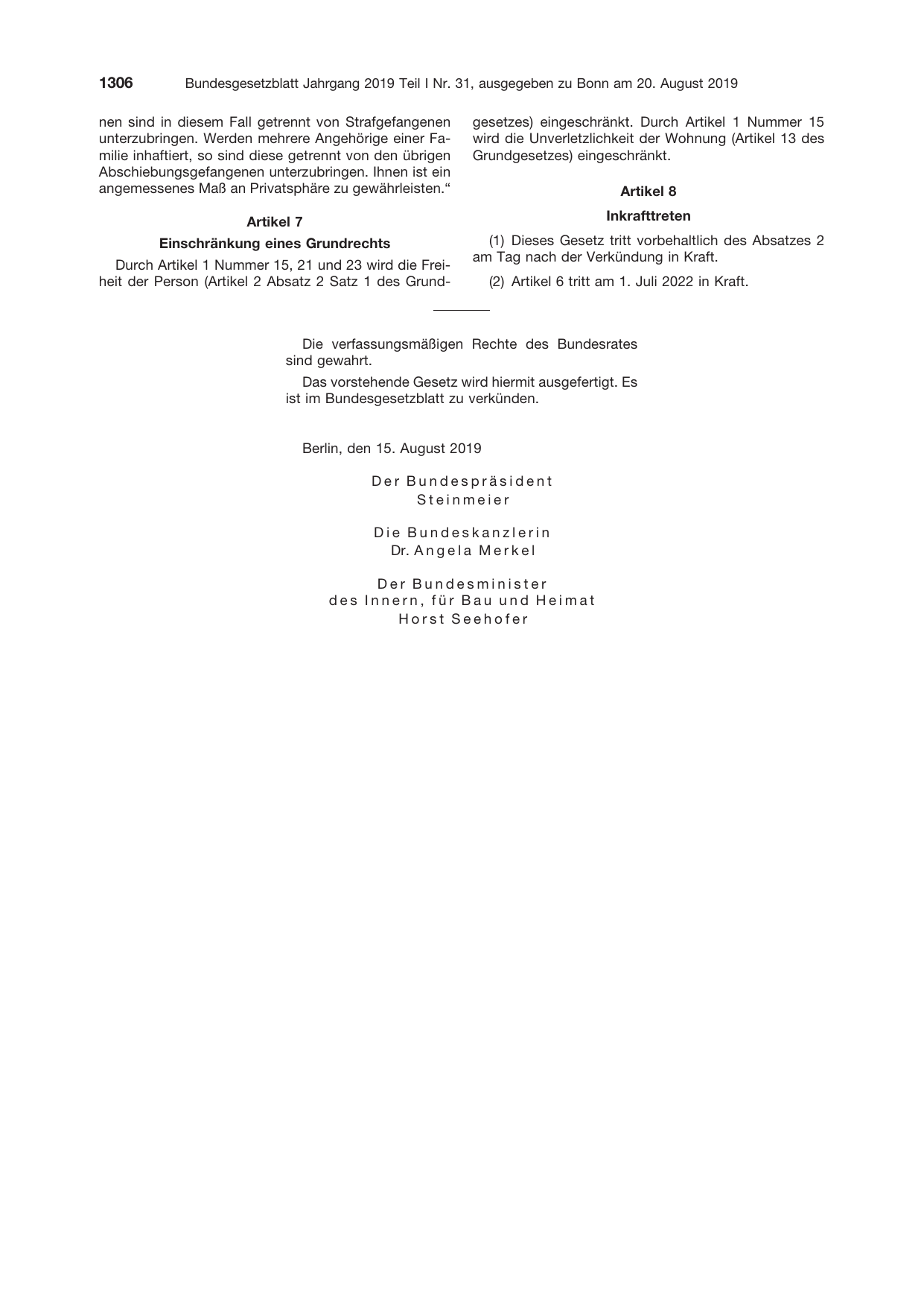 BGBl. 2019, Seite 1306 — Originalseite als Abbildung
