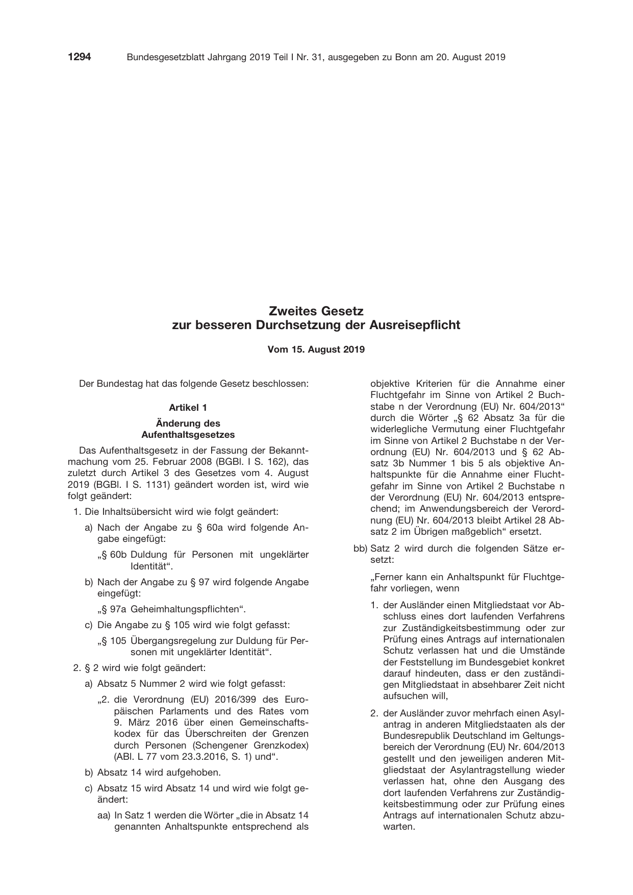 BGBl. 2019, Seite 1294 — Originalseite als Abbildung