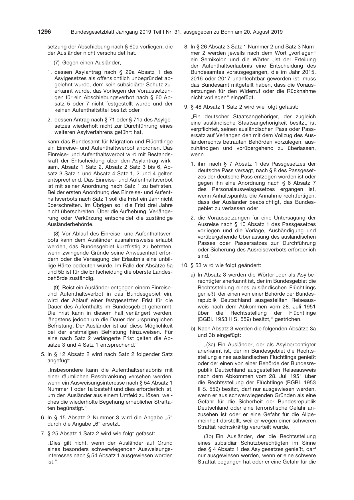 BGBl. 2019, Seite 1296 — Originalseite als Abbildung