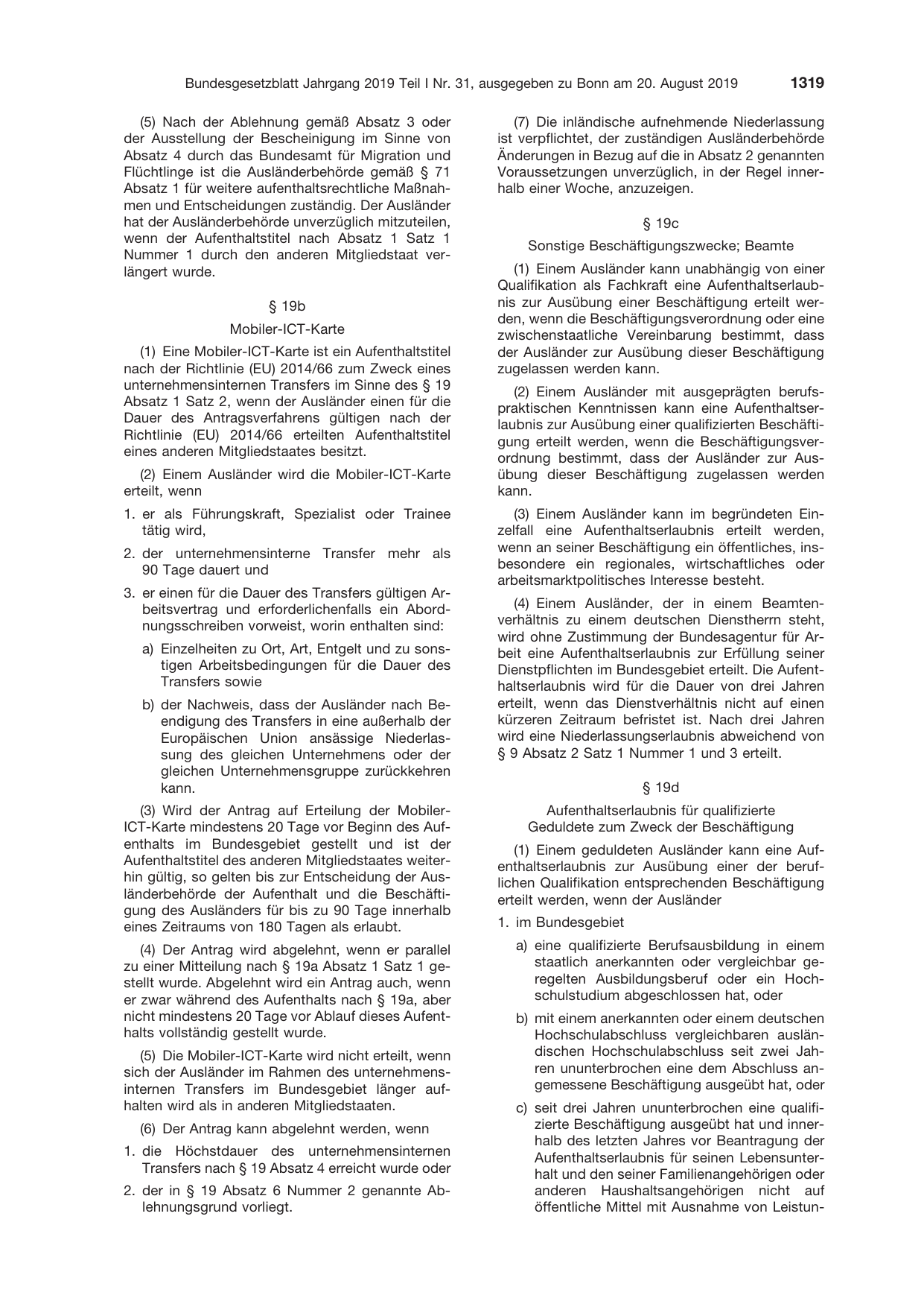 BGBl. 2019, Seite 1319 — Originalseite als Abbildung