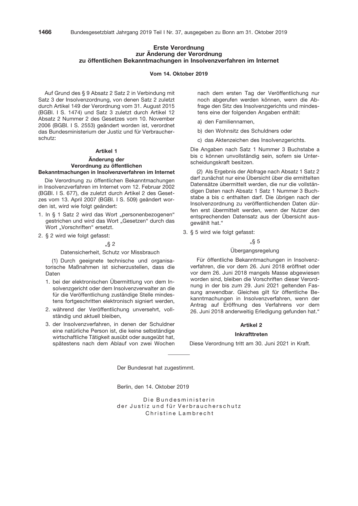 BGBl. 2019, Seite 1466 — Originalseite als Abbildung