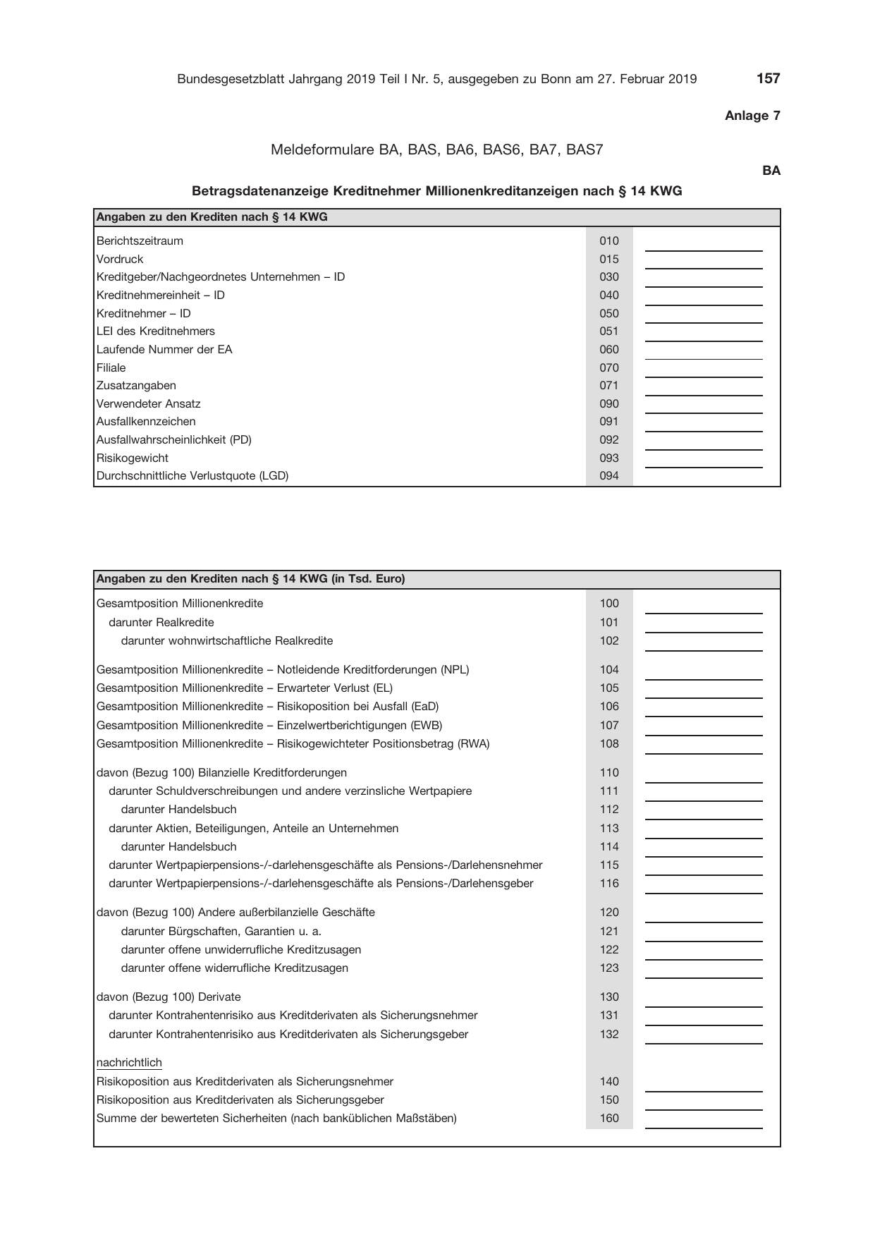 BGBl. 2019, Seite 157 — Originalseite als Abbildung
