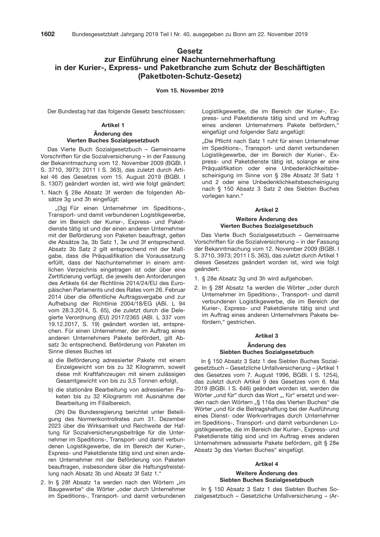 BGBl. 2019, Seite 1602 — Originalseite als Abbildung