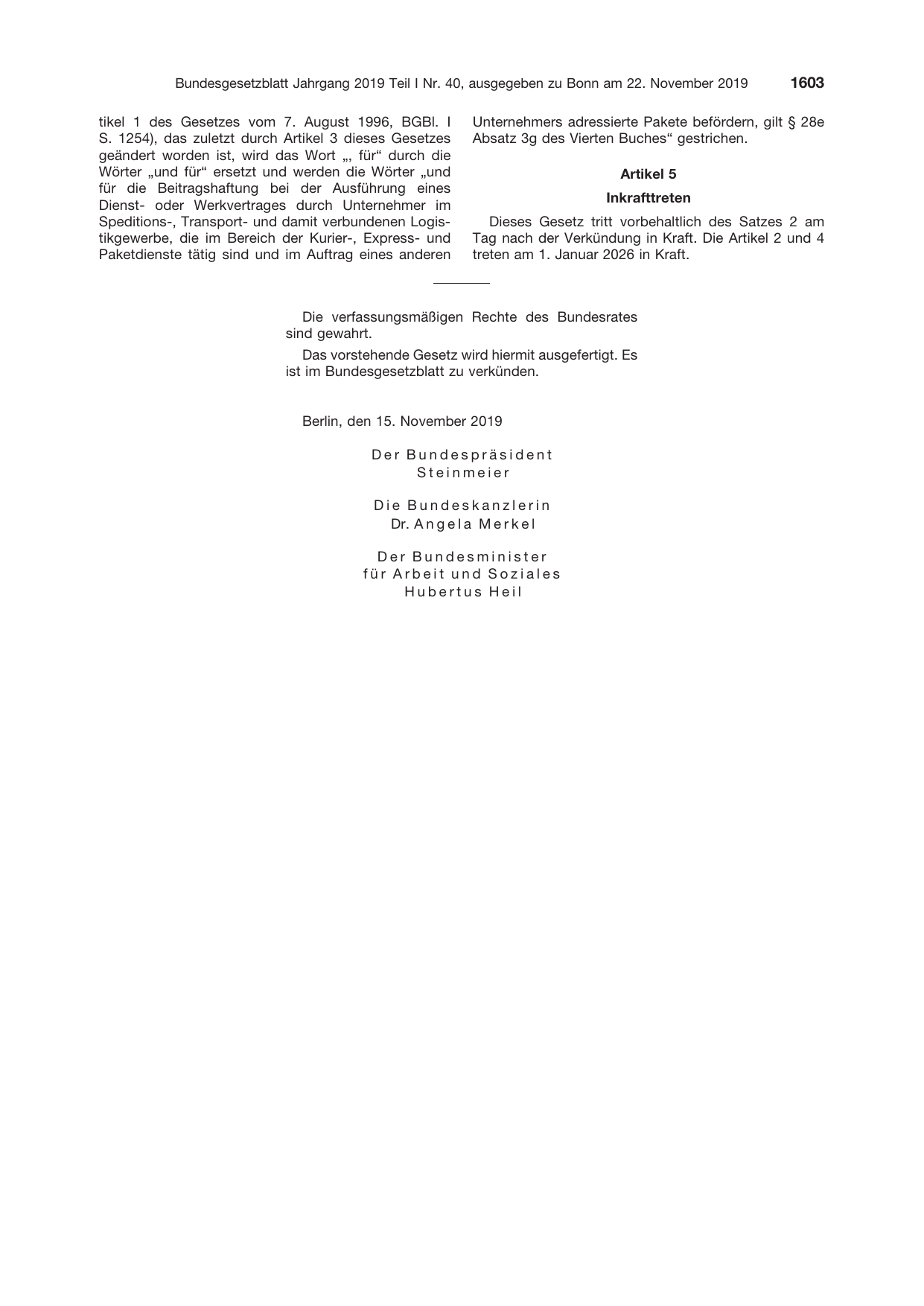BGBl. 2019, Seite 1603 — Originalseite als Abbildung