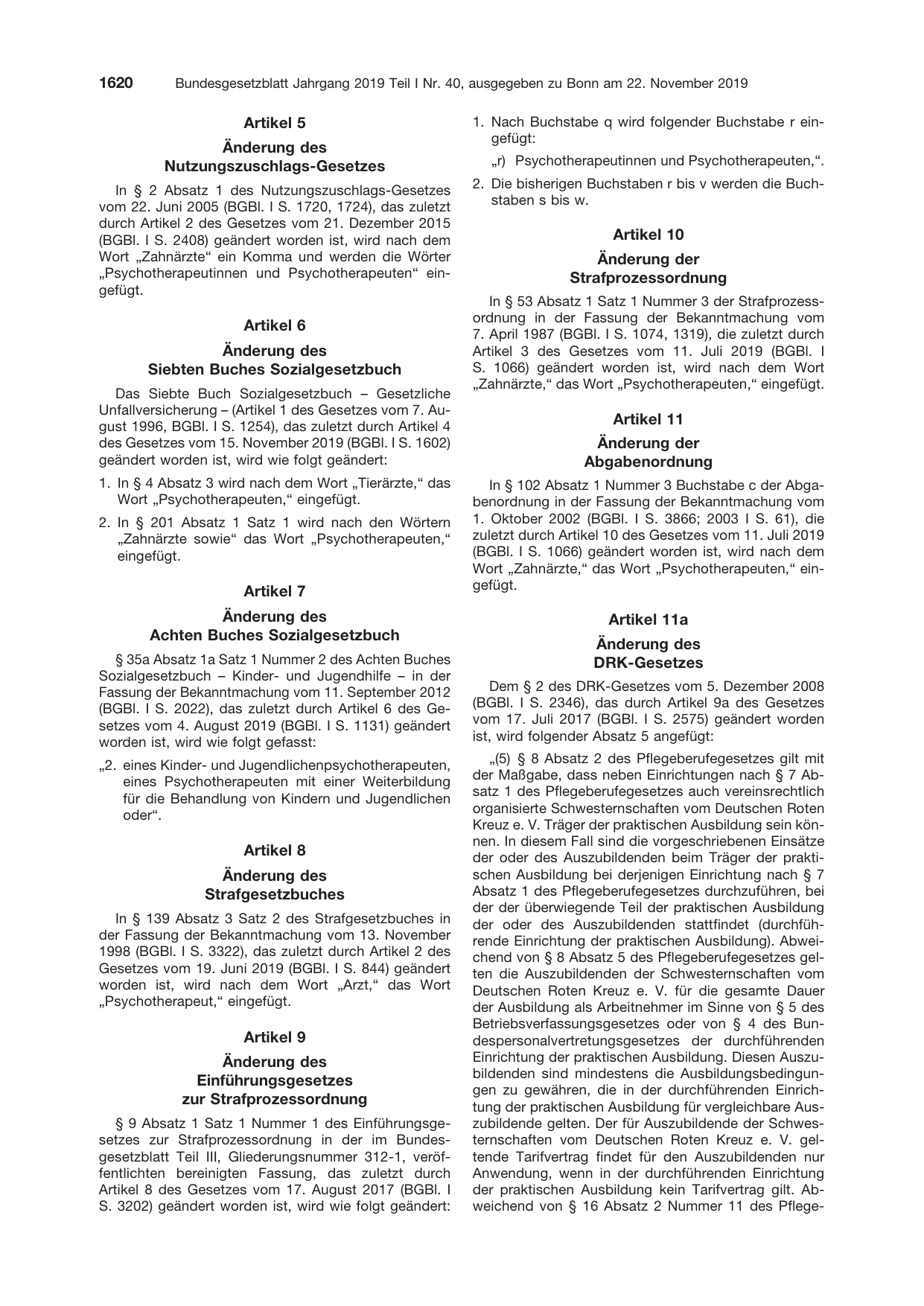 BGBl. 2019, Seite 1620 — Originalseite als Abbildung