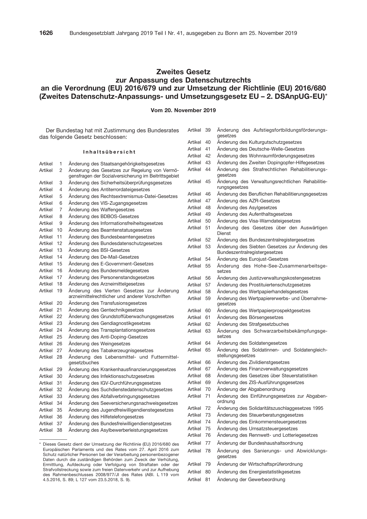 BGBl. 2019, Seite 1626 — Originalseite als Abbildung
