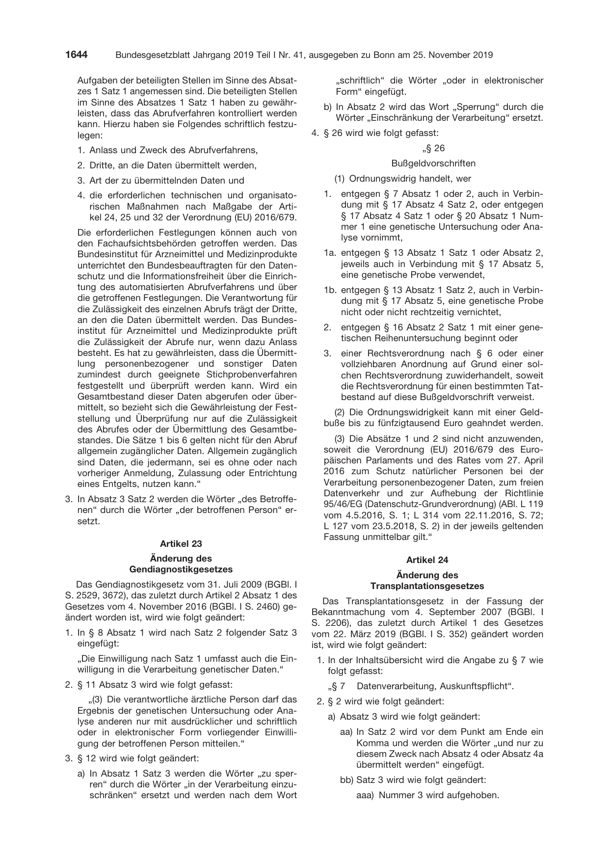 BGBl. 2019, Seite 1644 — Originalseite als Abbildung