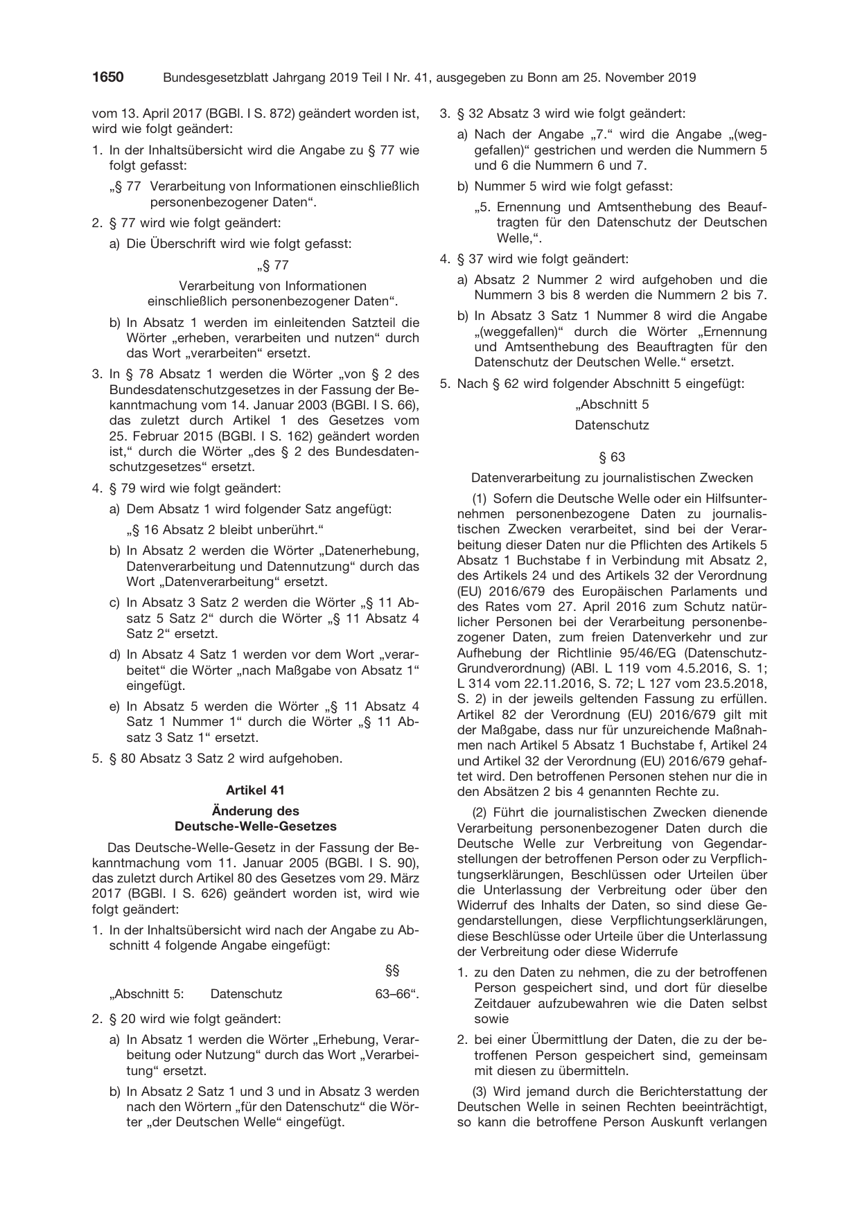 BGBl. 2019, Seite 1650 — Originalseite als Abbildung