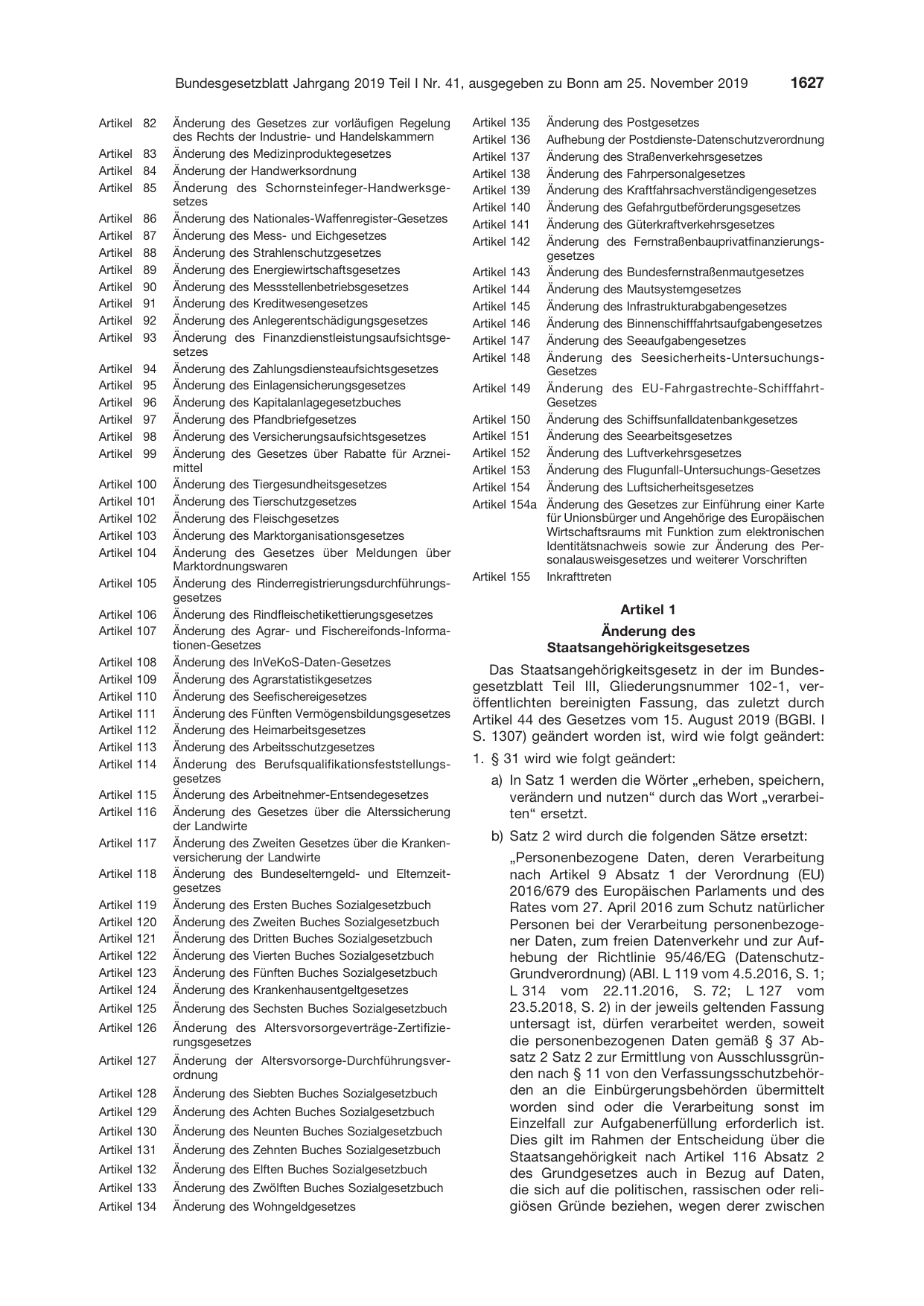 BGBl. 2019, Seite 1627 — Originalseite als Abbildung