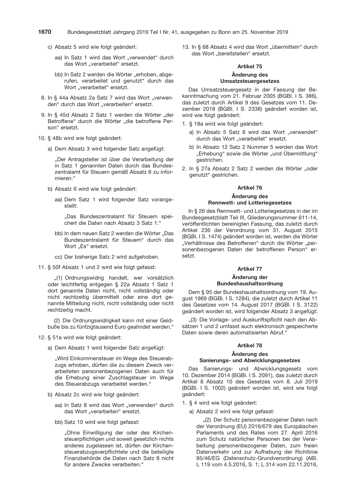 BGBl. 2019, Seite 1670 — Originalseite als Abbildung