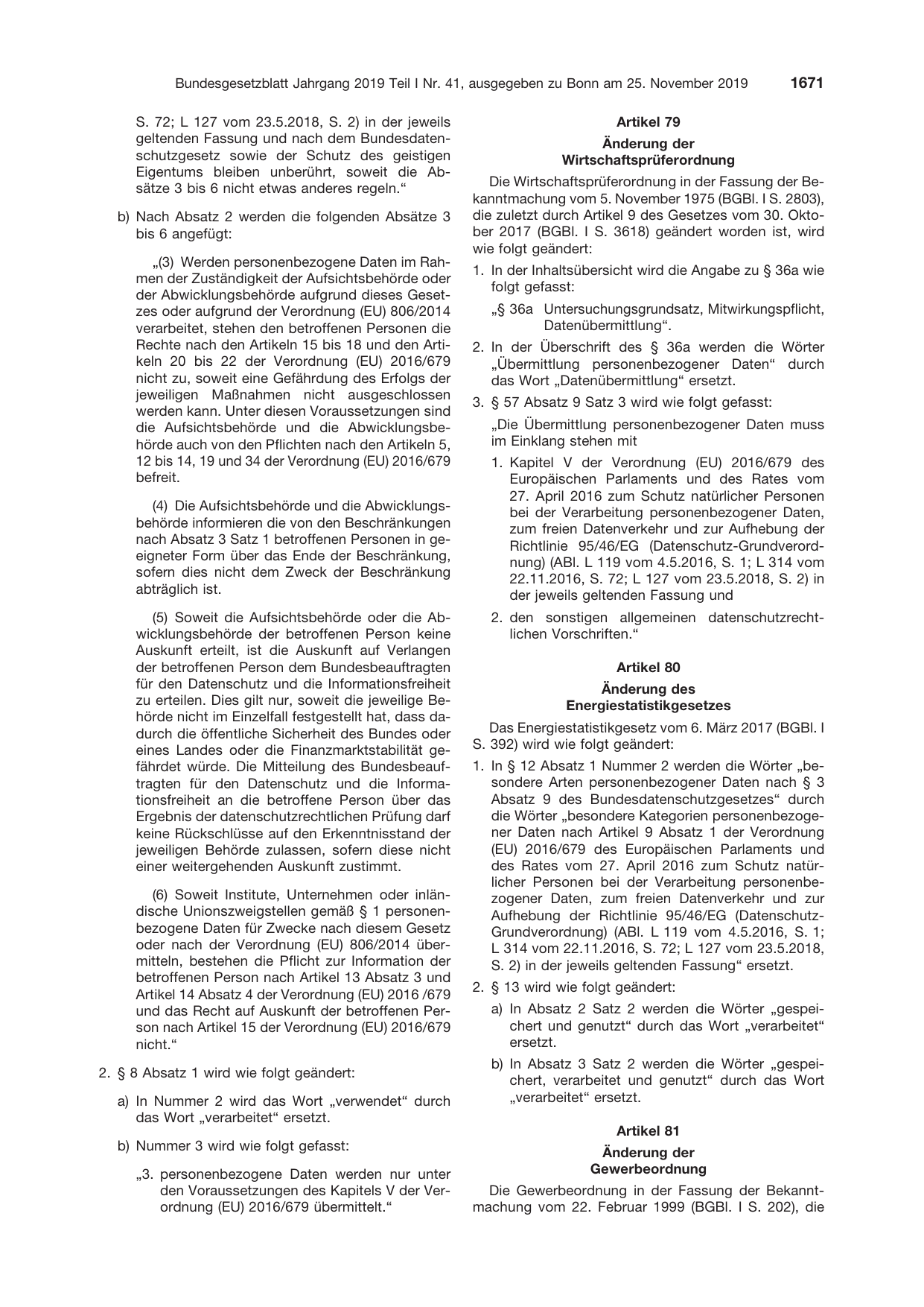 BGBl. 2019, Seite 1671 — Originalseite als Abbildung