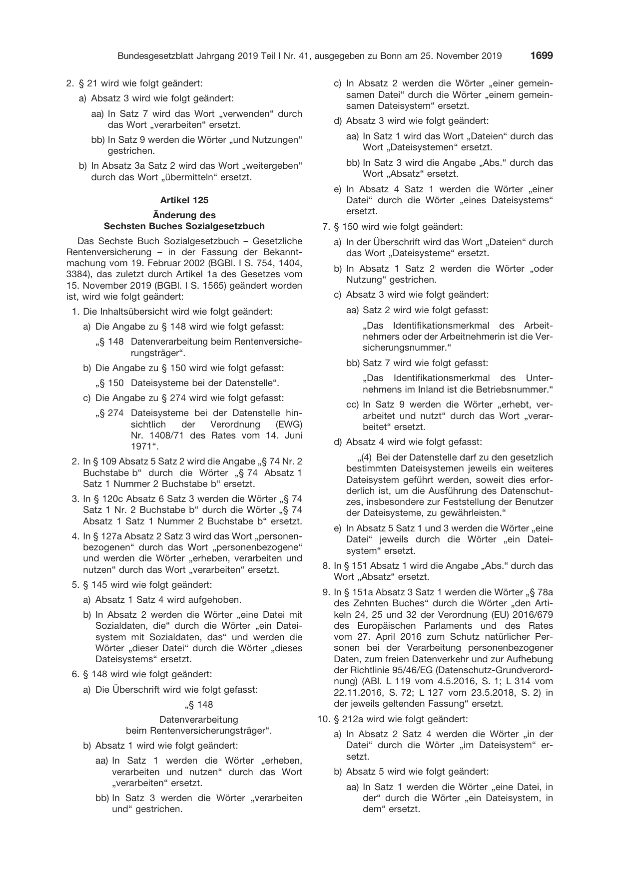 BGBl. 2019, Seite 1699 — Originalseite als Abbildung