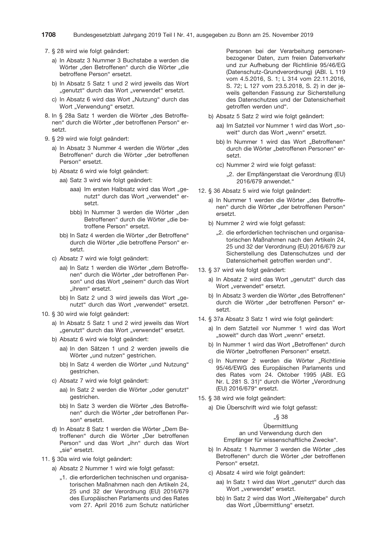 BGBl. 2019, Seite 1708 — Originalseite als Abbildung