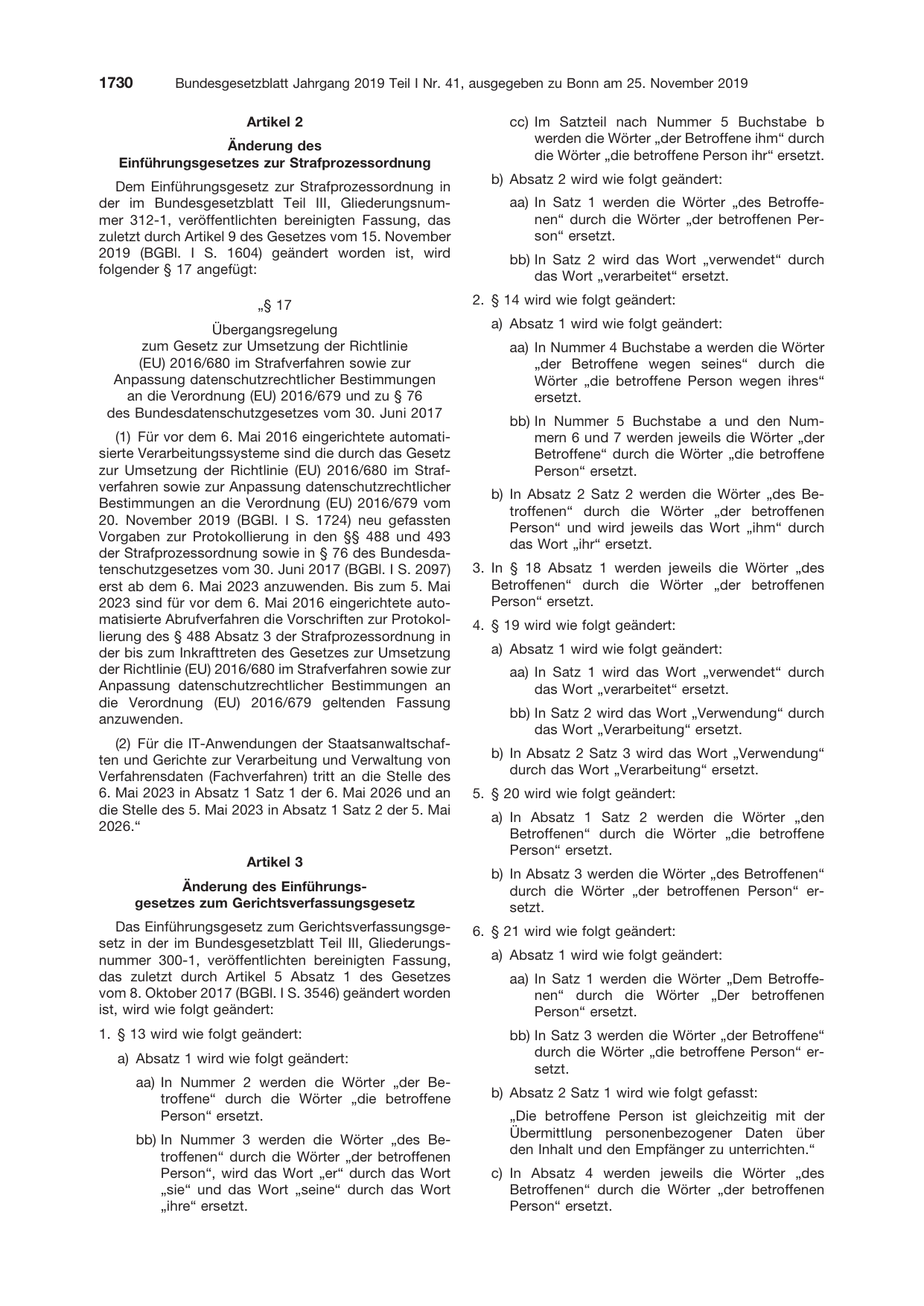BGBl. 2019, Seite 1730 — Originalseite als Abbildung