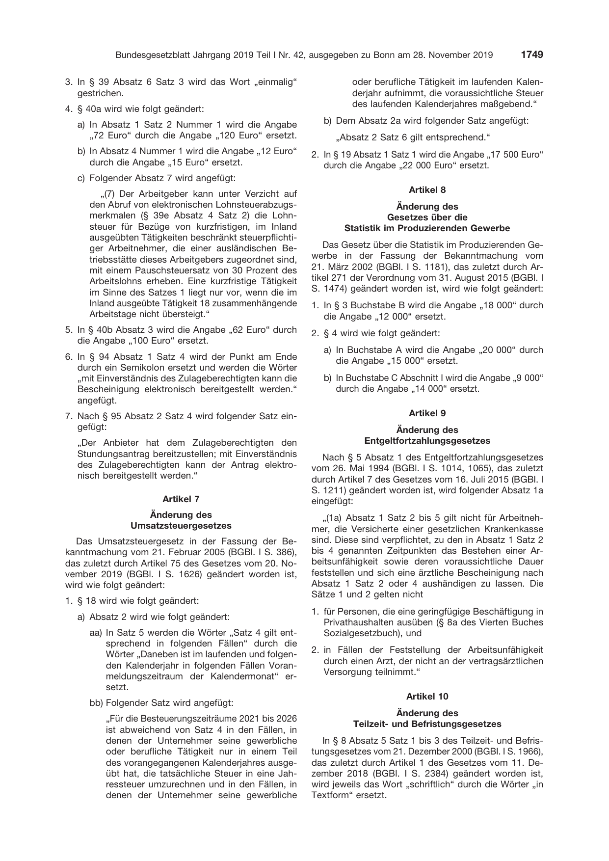 BGBl. 2019, Seite 1749 — Originalseite als Abbildung
